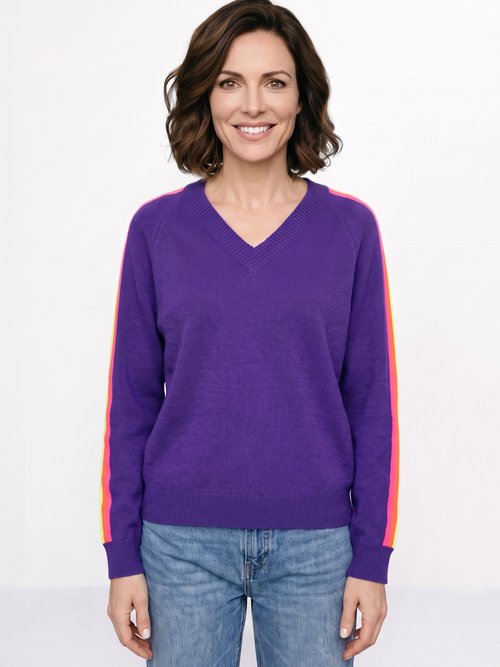 Pull col V manches lignes multicolores Femme Violet MA-601119 FA1