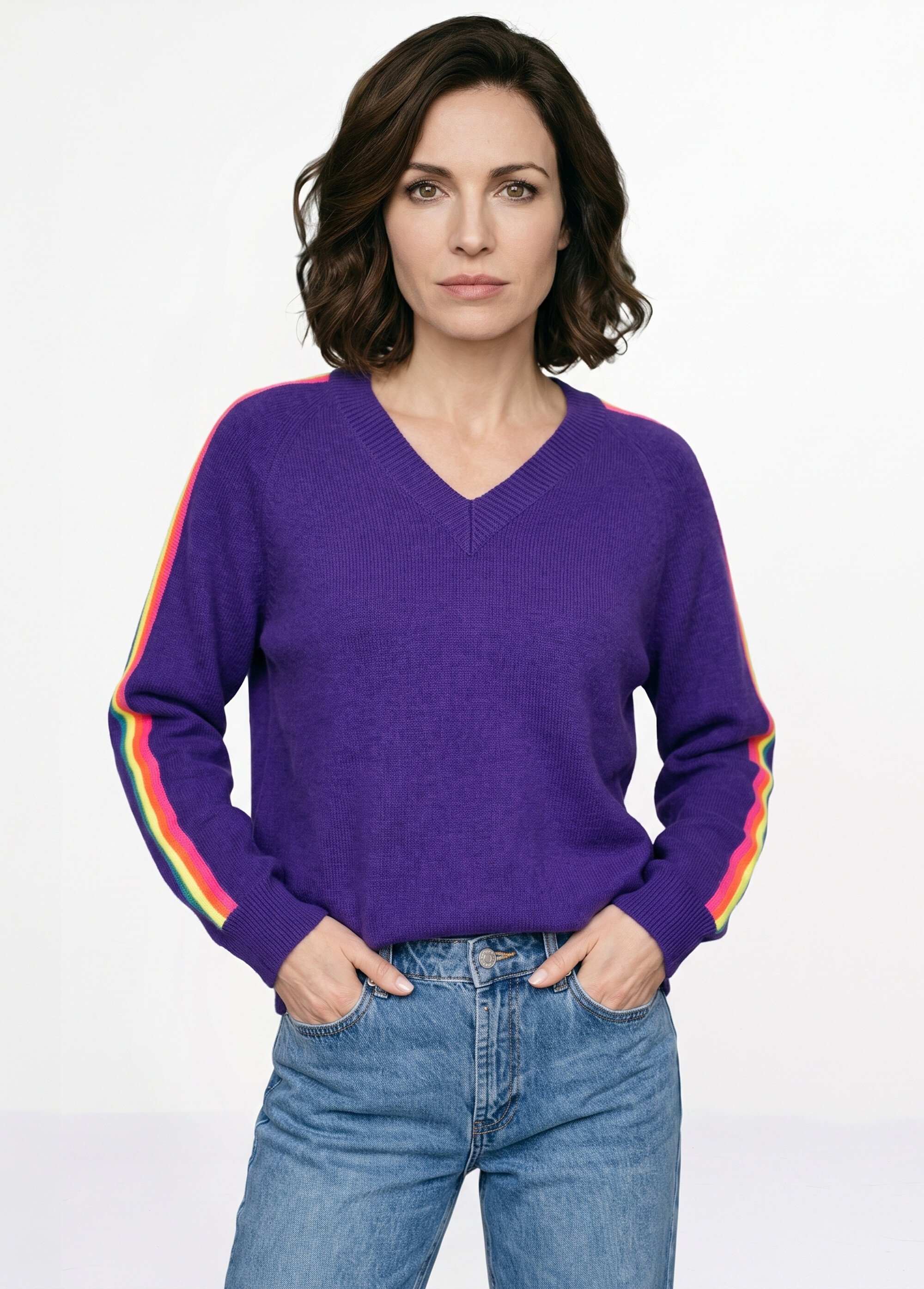 Pull col V manches lignes multicolores Femme Violet MA-601119 MV1