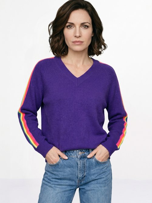 Pull col V manches lignes multicolores Femme Violet MA-601119 MV1