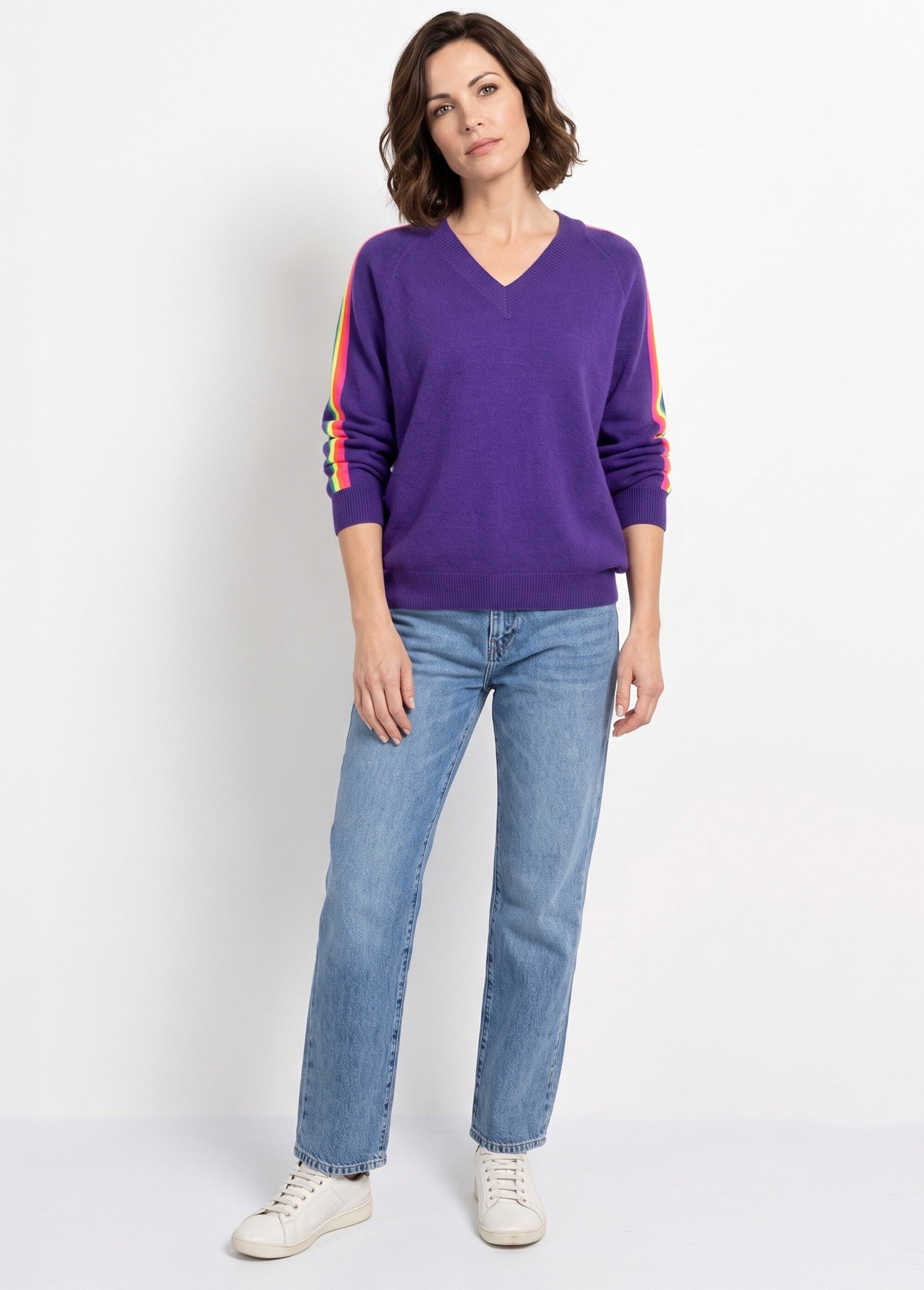 Pull col V manches lignes multicolores Femme Violet MA-601119 SI1