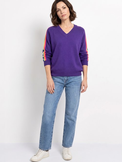 Pull col V manches lignes multicolores Femme Violet MA-601119 SI1