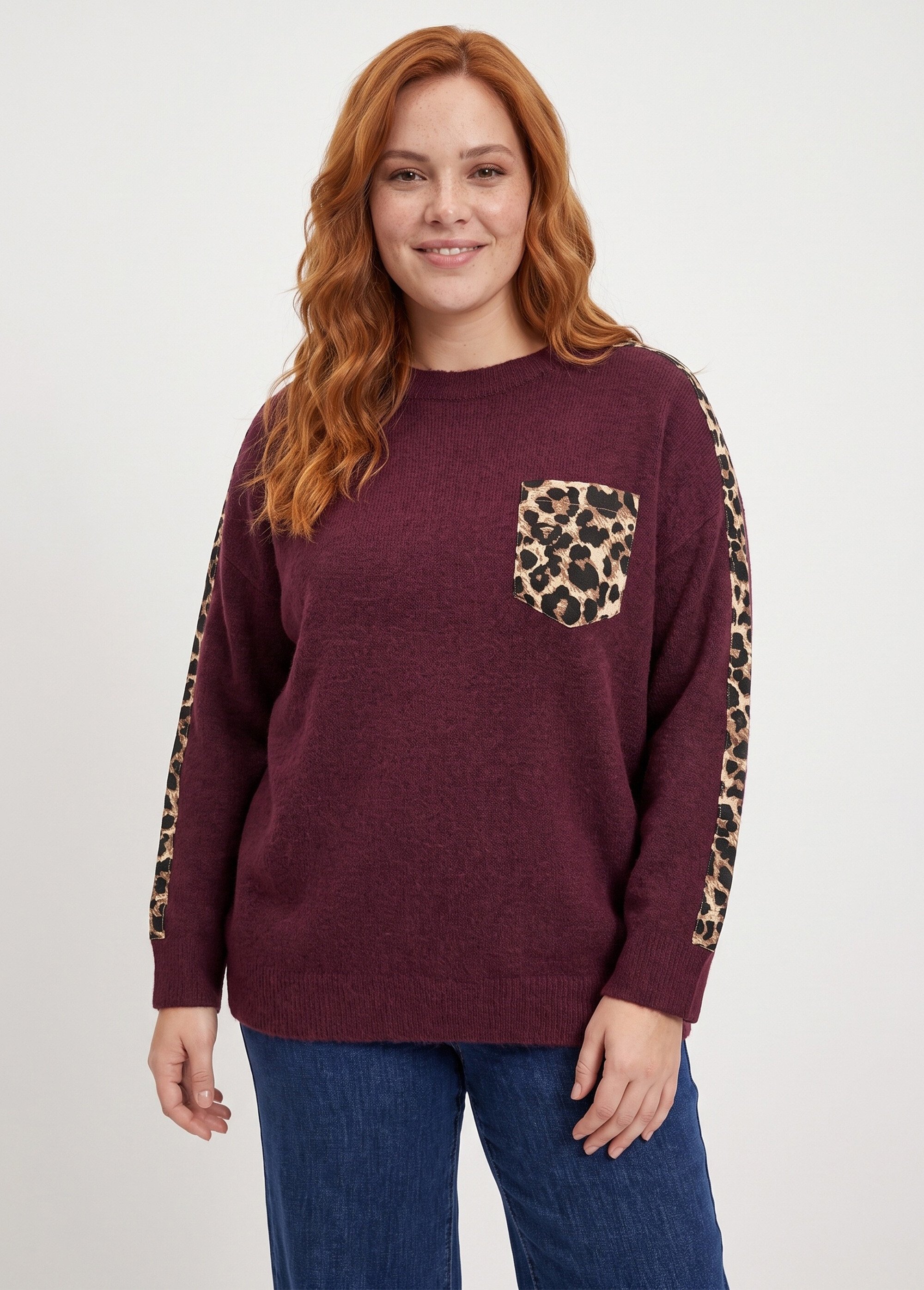 Pull maille avec laine et détails léopard Femme Grande Taille Rouge MA-6056682 FA1