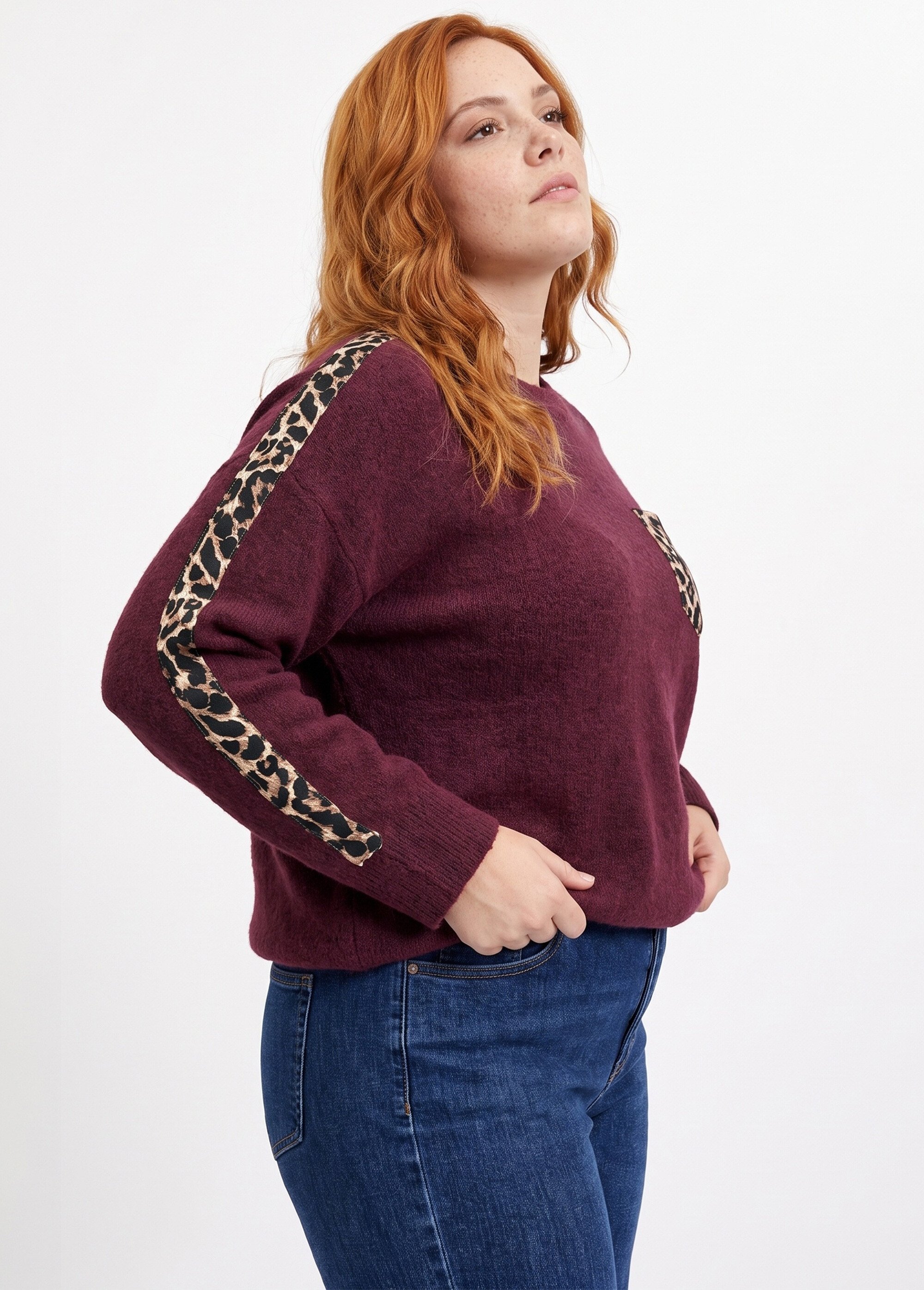 Pull maille avec laine et détails léopard Femme Grande Taille Rouge MA-6056682 MV1
