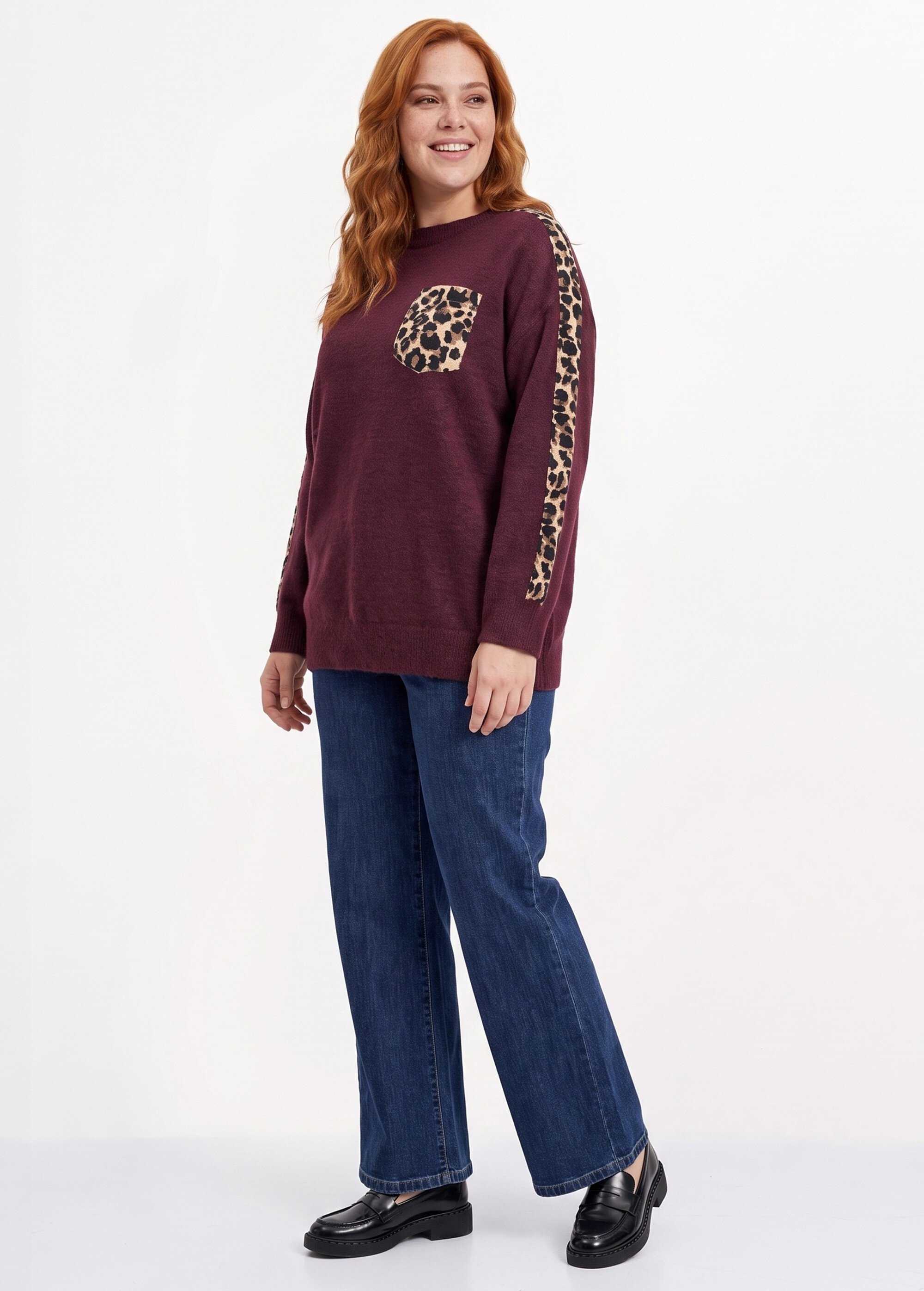 Pull maille avec laine et détails léopard Femme Grande Taille Rouge MA-6056682 SI1