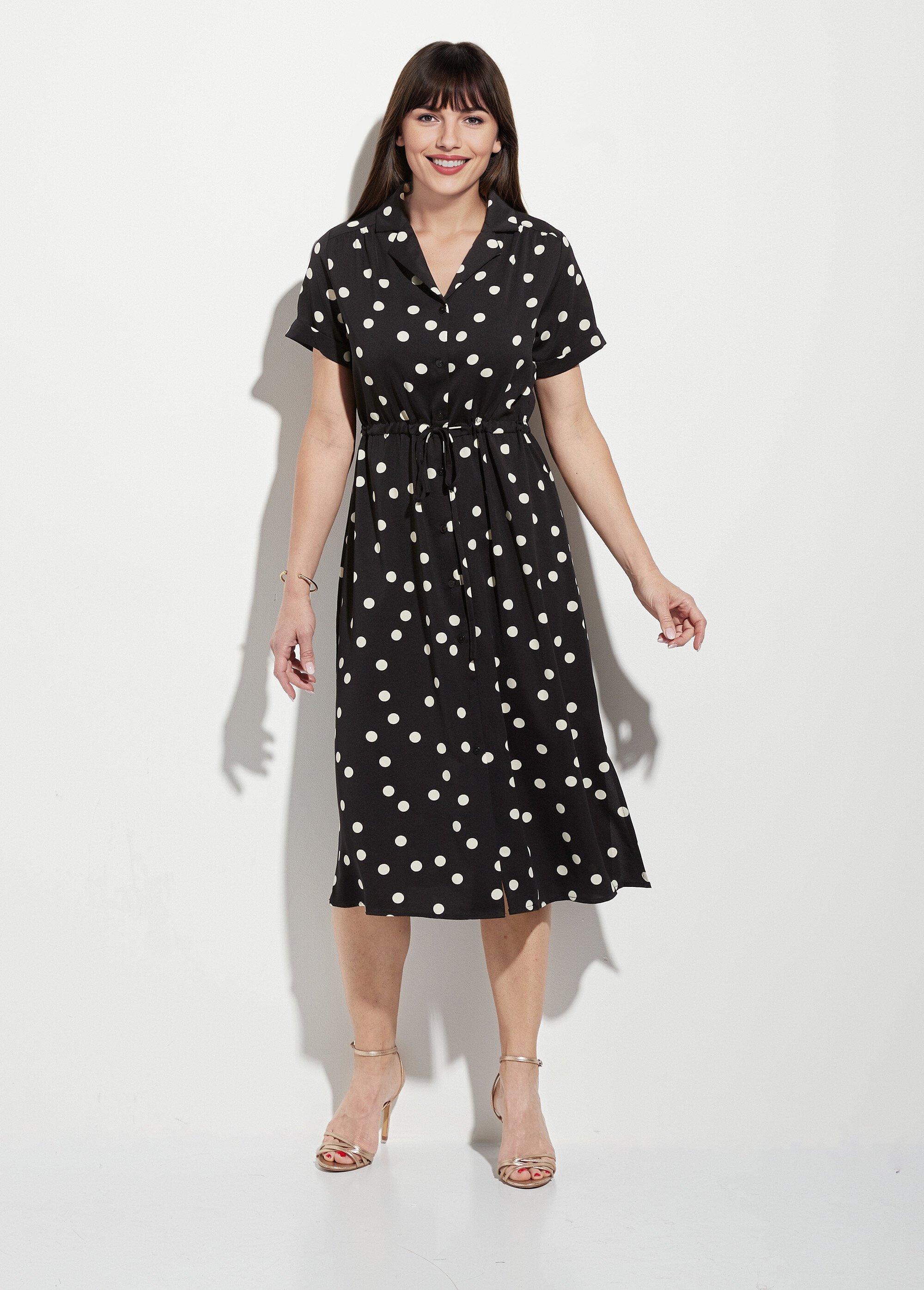 Robe chemisier à pois longue à ceinturer