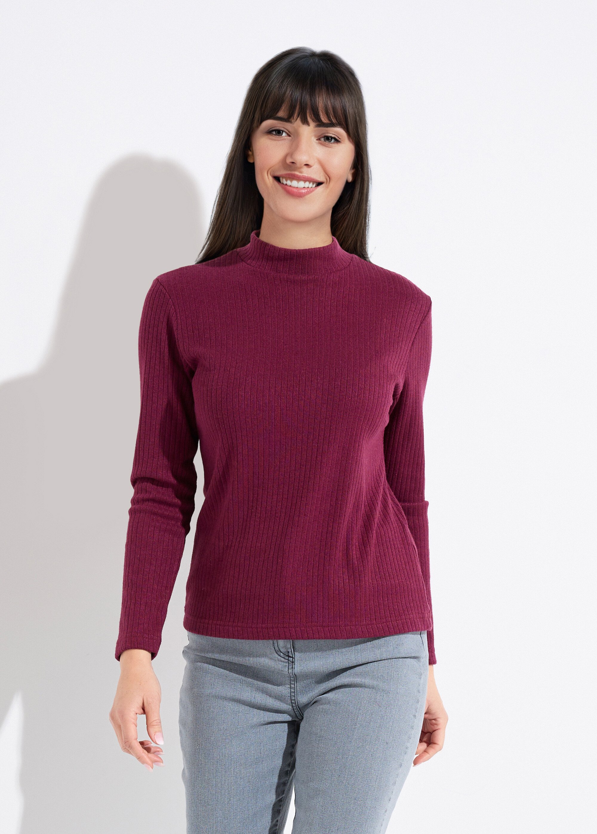 T-shirt col montant maille côtelée manches longues Femme Rouge COLOMA FA1