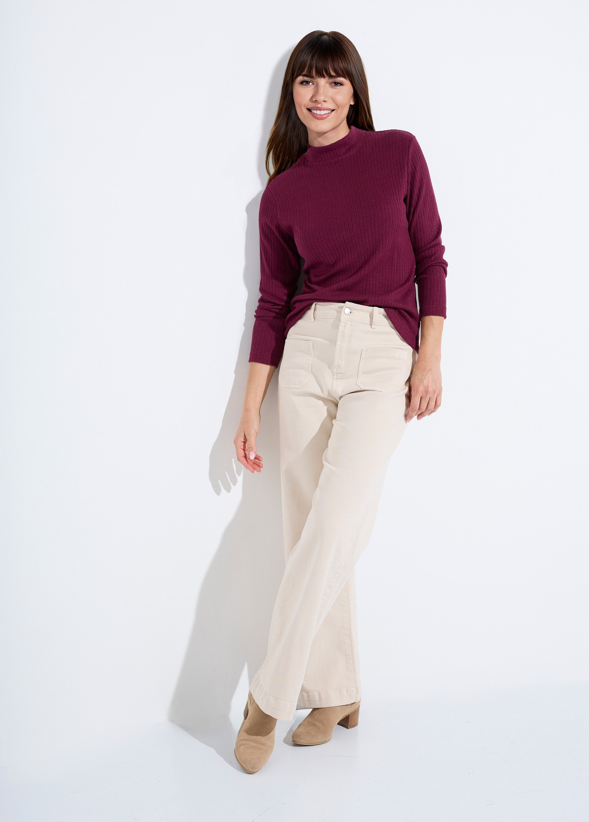 T-shirt col montant maille côtelée manches longues Femme Rouge COLOMA SI1