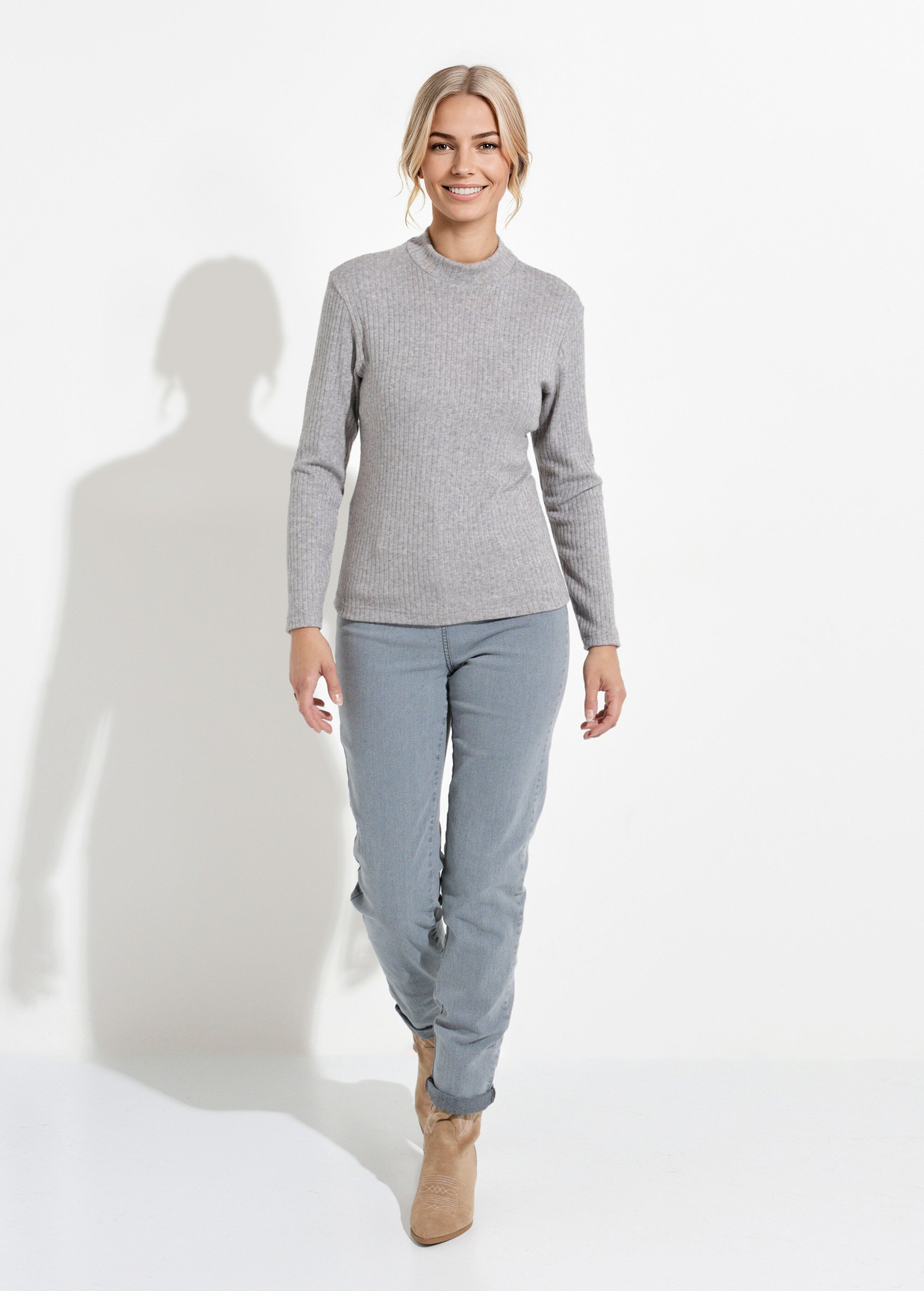 T-shirt col montant maille côtelée manches longues Femme Gris COLOMA SF1