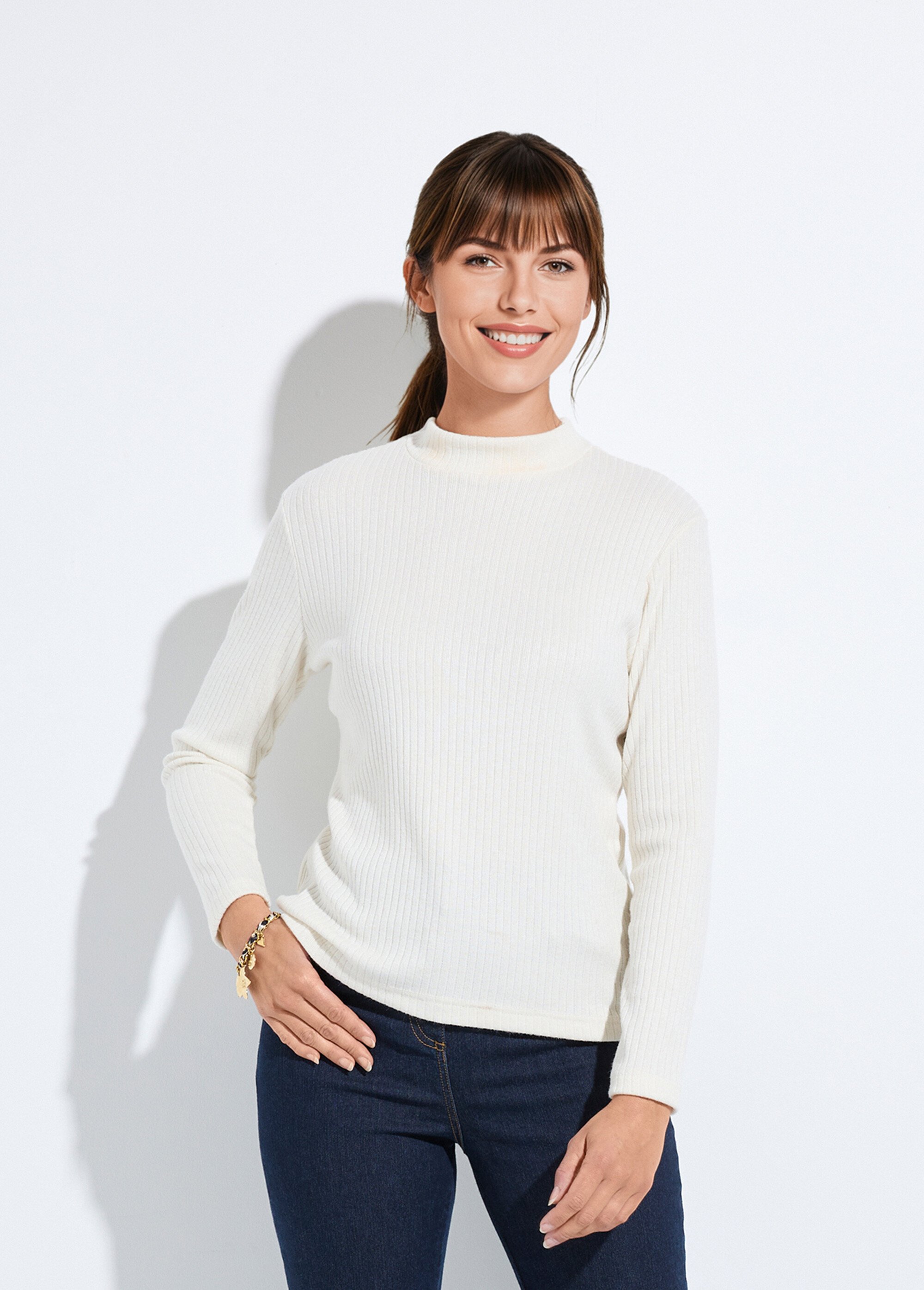 T-shirt col montant maille côtelée manches longues Femme Beige COLOMA FA1