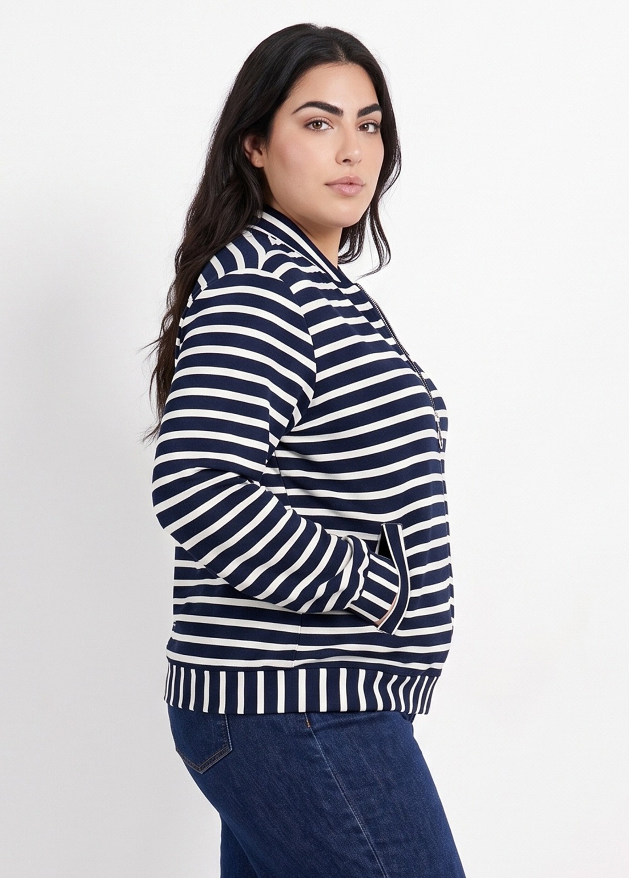Veste esprit teddy en maille rayée Femme Grande Taille Bleu MA-M239-1636 DR1