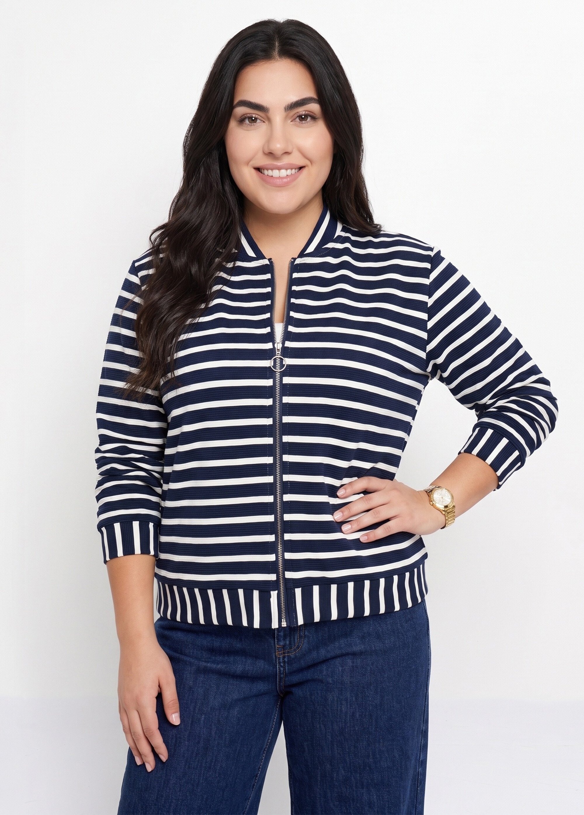 Veste esprit teddy en maille rayée Femme Grande Taille Bleu MA-M239-1636 FA1