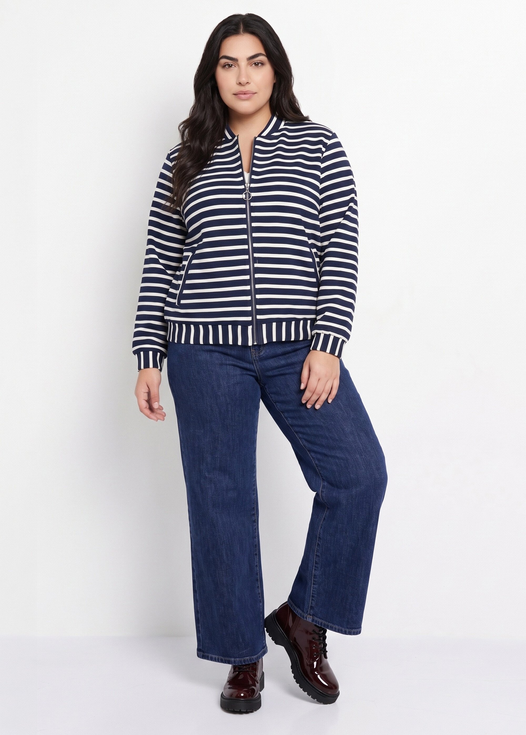 Veste esprit teddy en maille rayée Femme Grande Taille Bleu MA-M239-1636 SI1