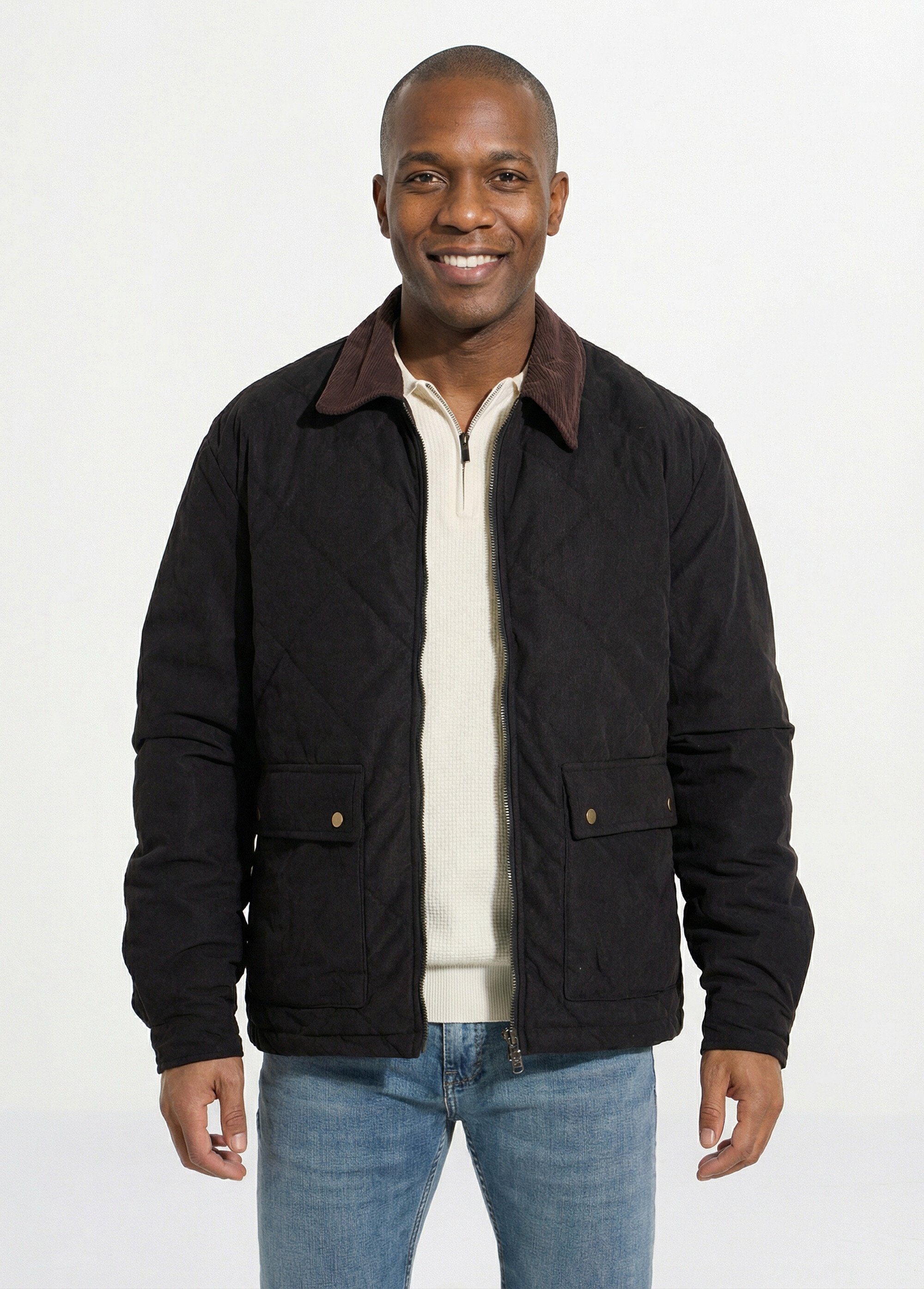 Veste matelassée en velours fine cotes Homme Noir LYS652320 FA1