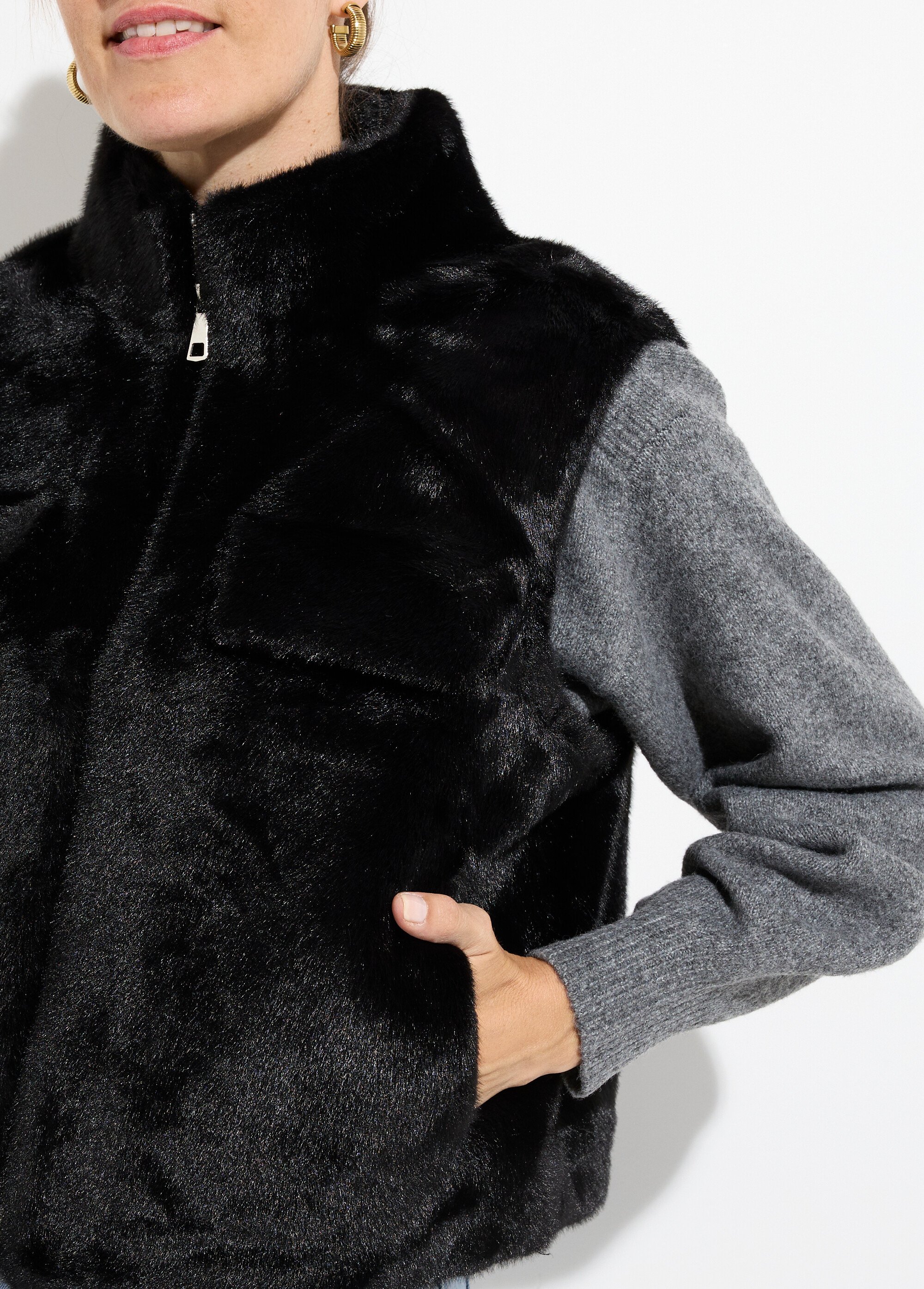 Blouson zippé sans manches en fourrure Femme Noir TD-SMVET3 DE1