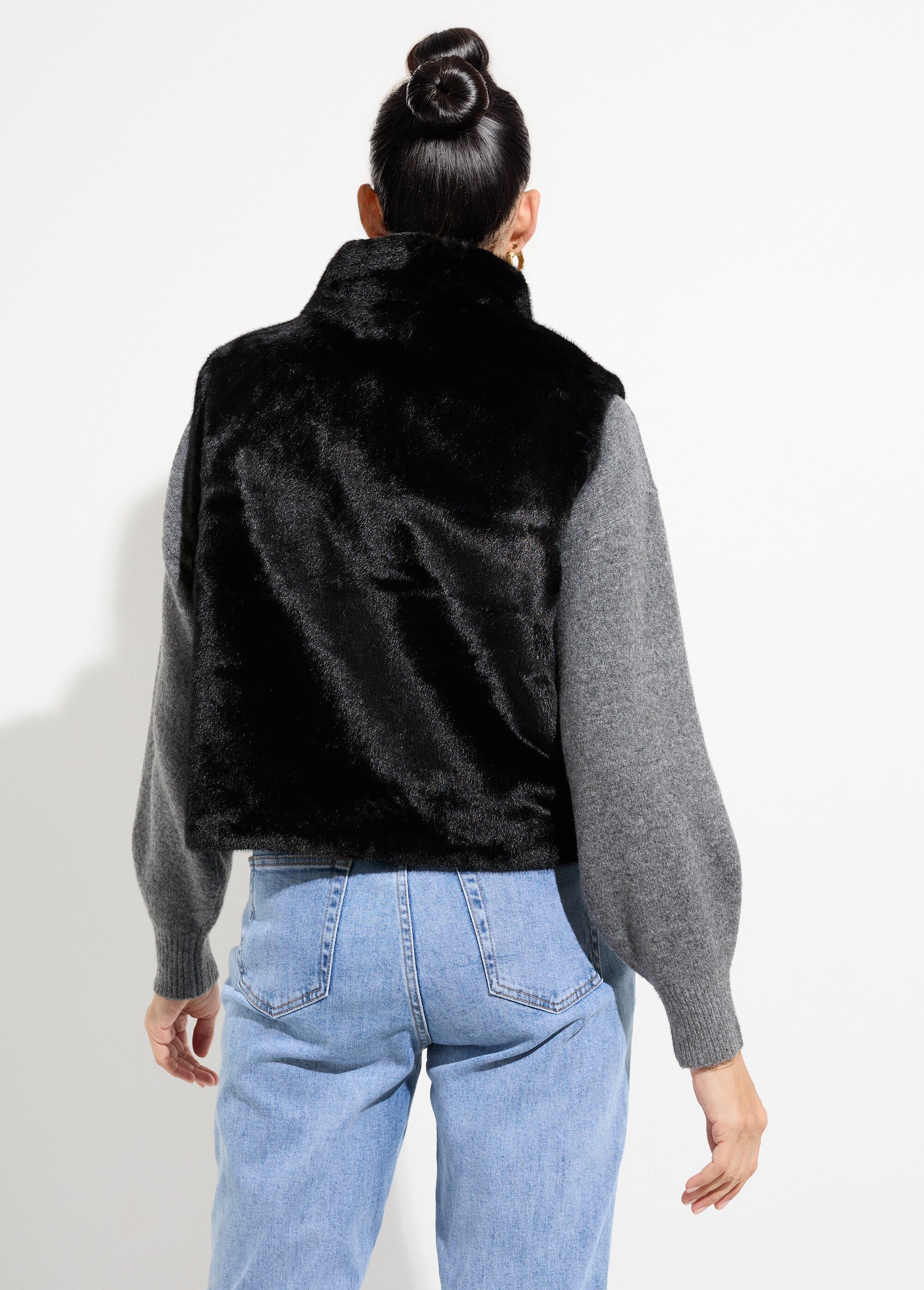 Blouson zippé sans manches en fourrure Femme Noir TD-SMVET3 DO1