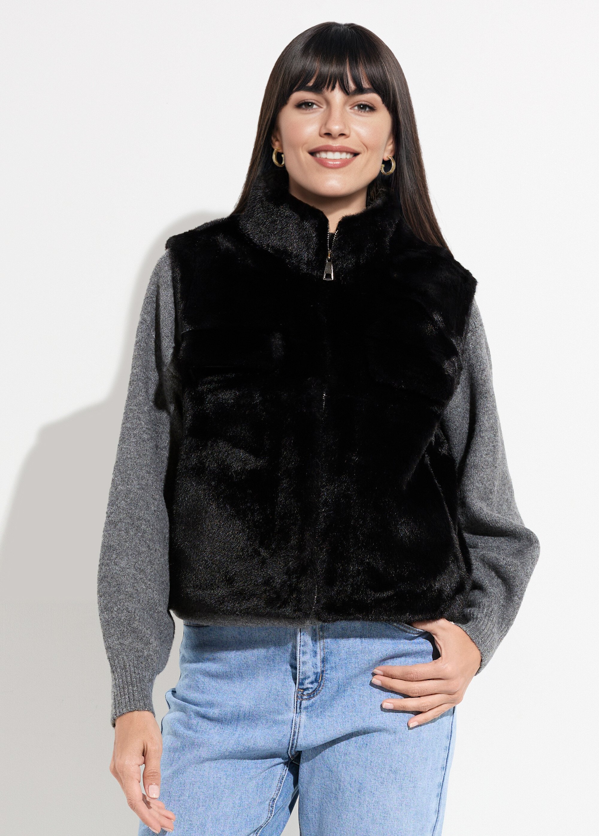Blouson zippé sans manches en fourrure Femme Noir TD-SMVET3 FA1