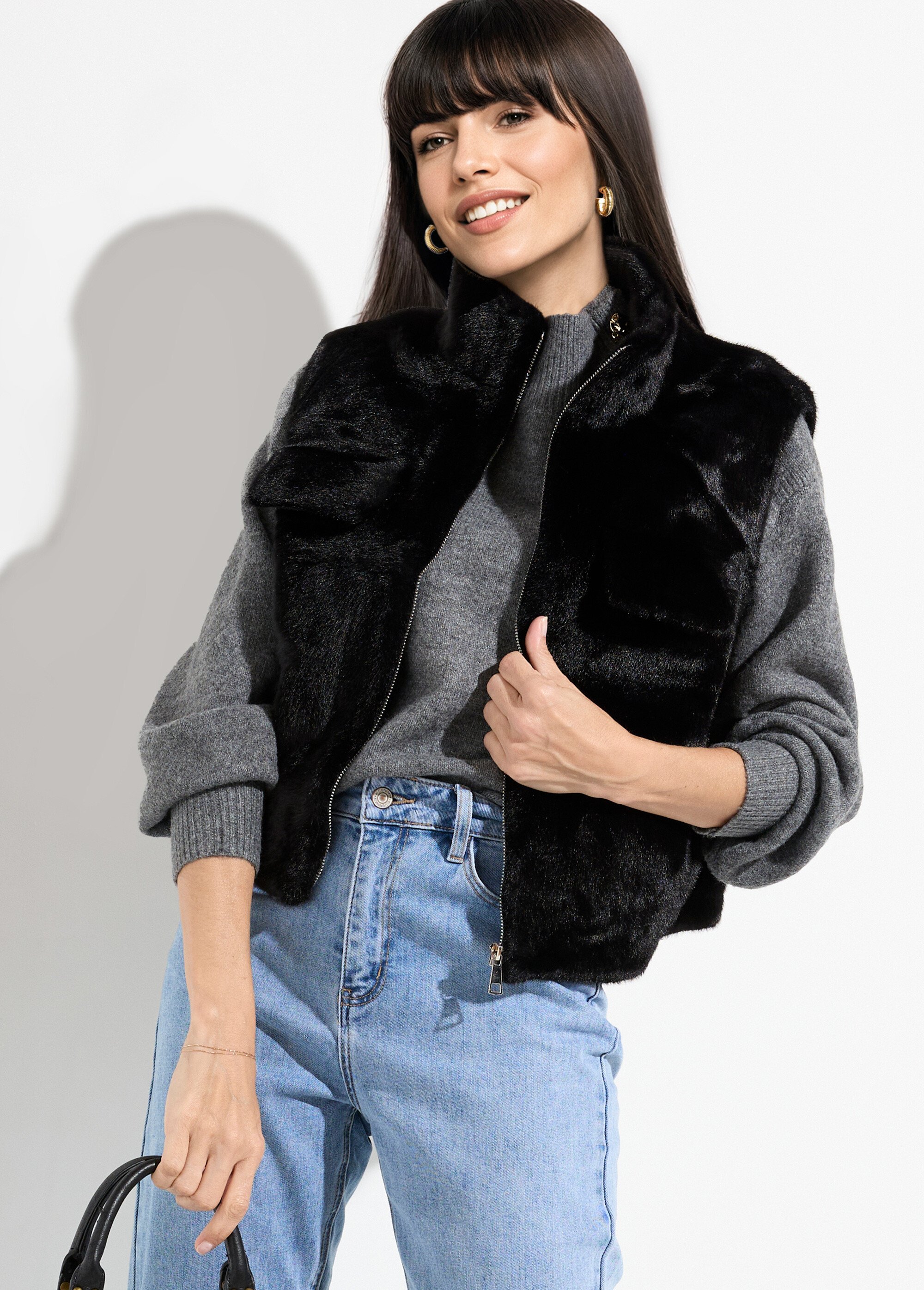 Blouson zippé sans manches en fourrure Femme Noir TD-SMVET3 MV1
