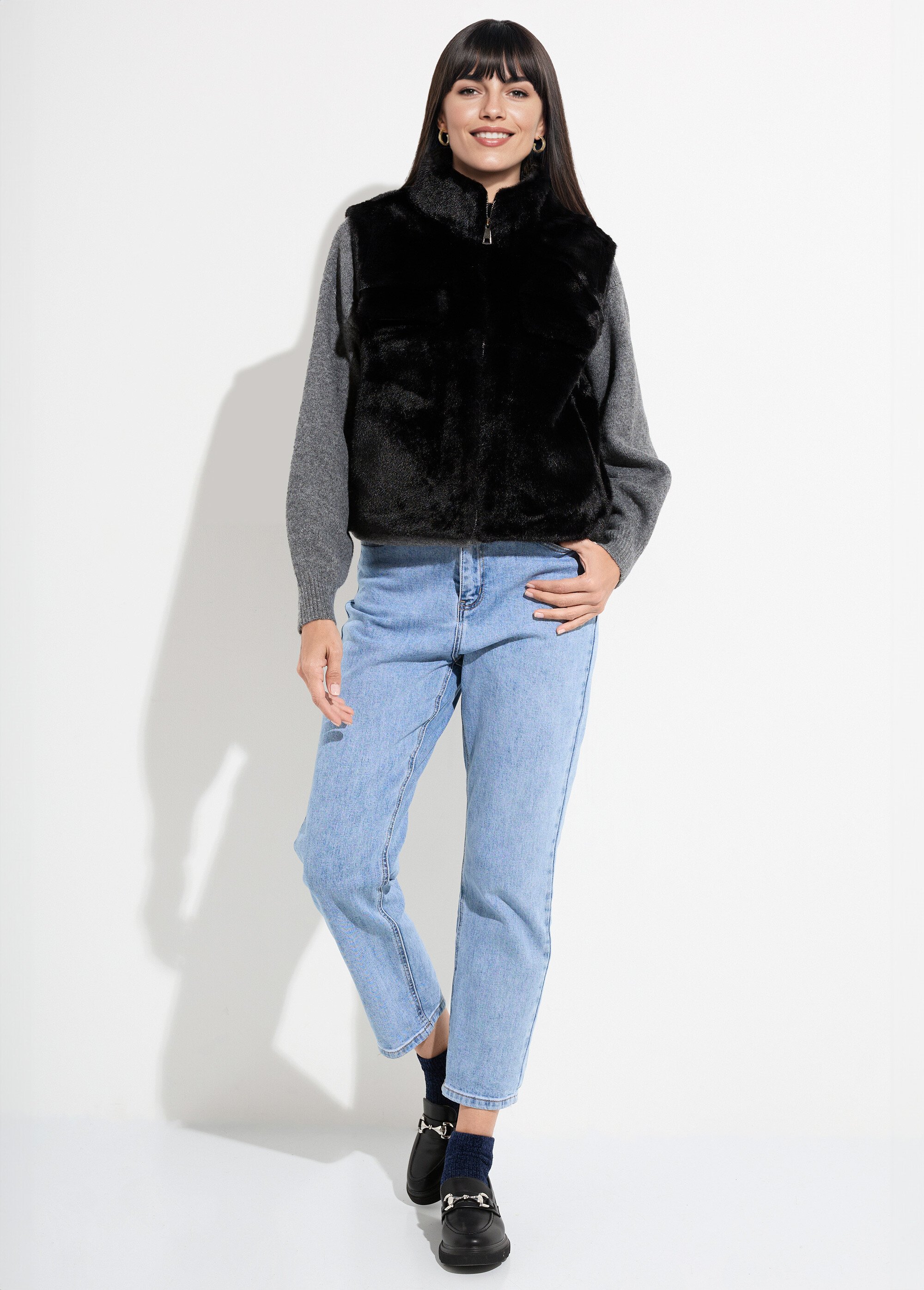 Blouson zippé sans manches en fourrure Femme Noir TD-SMVET3 SF1