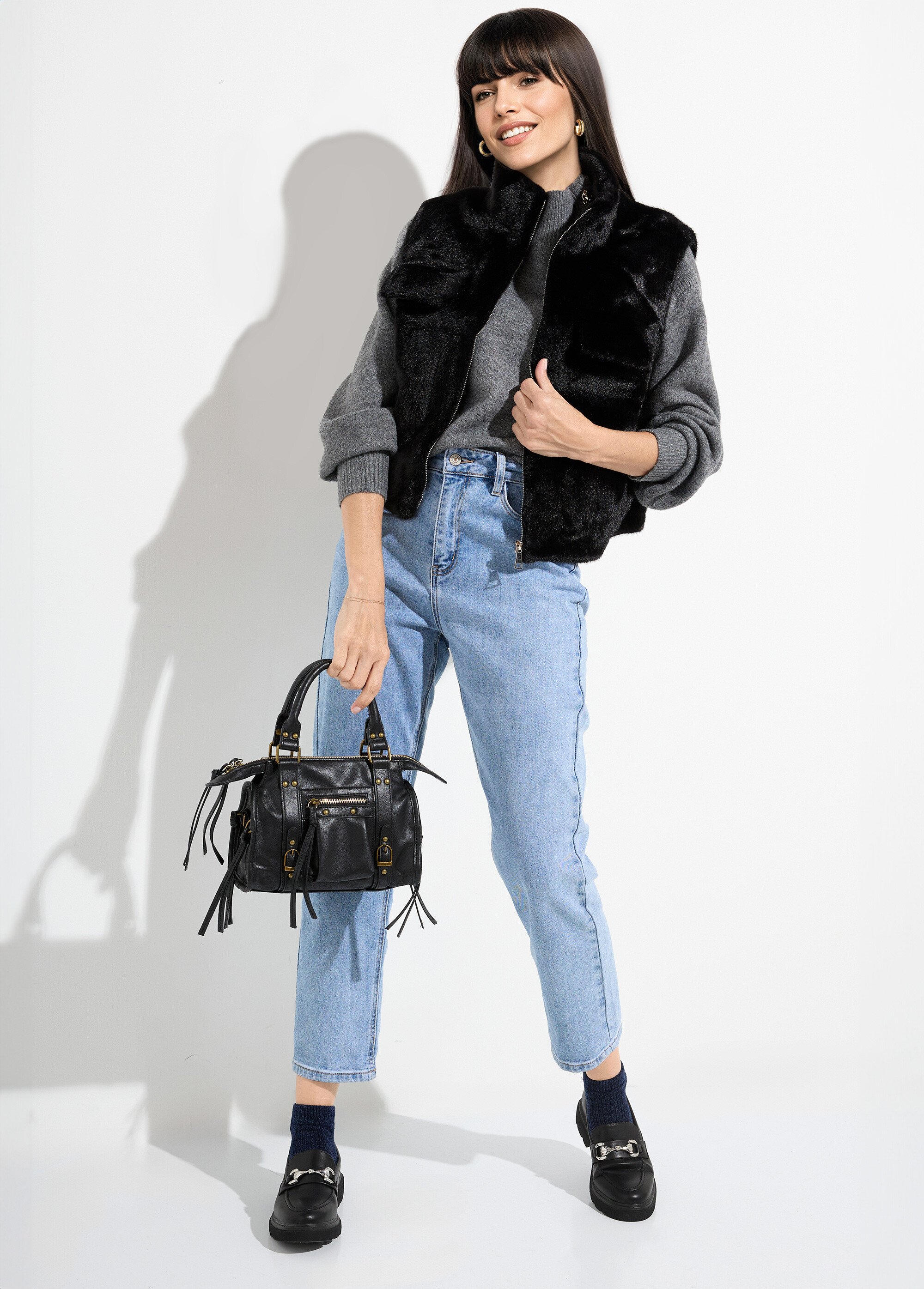 Blouson zippé sans manches en fourrure Femme Noir TD-SMVET3 SI1