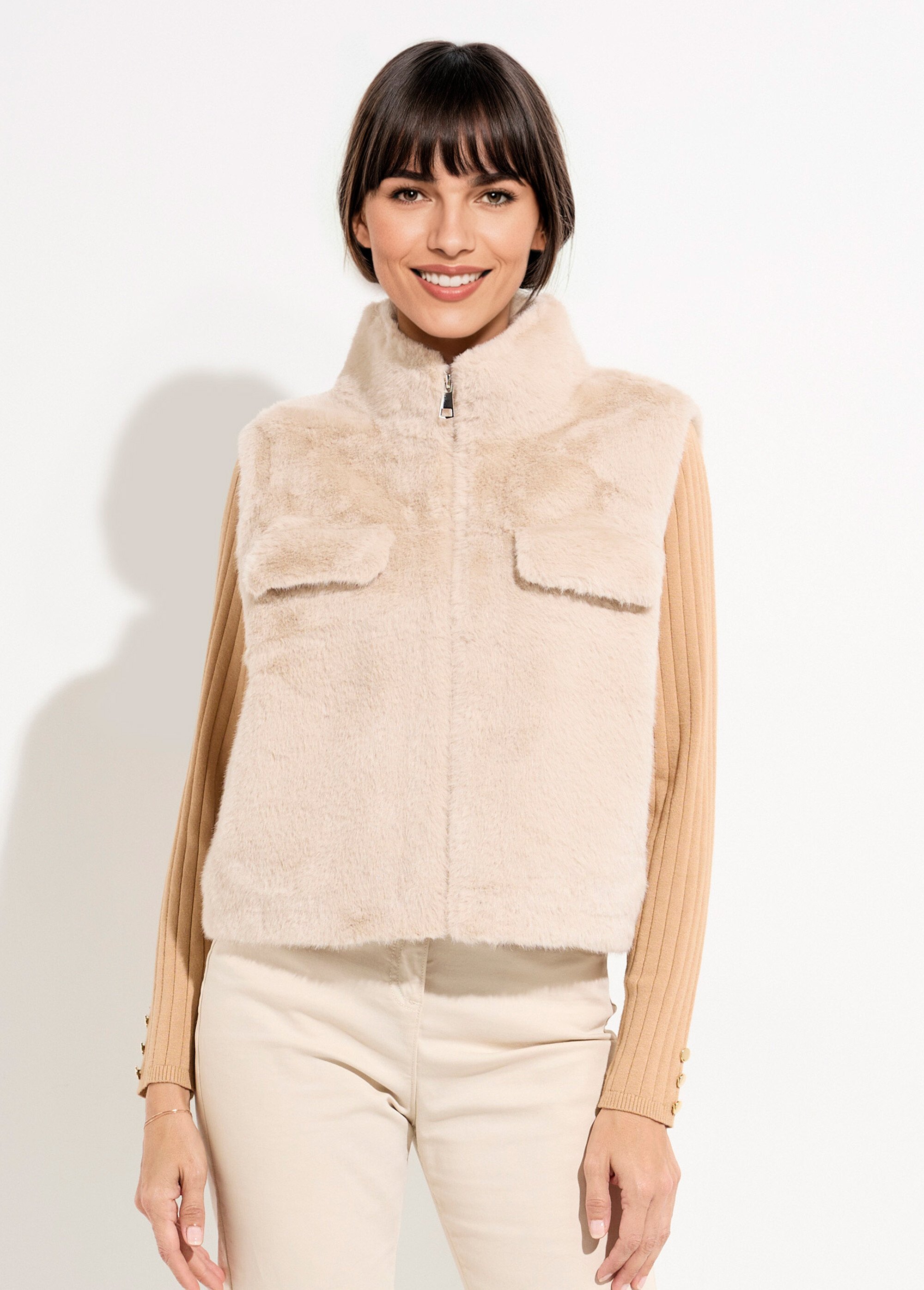 Blouson zippé sans manches en fourrure Femme Beige TD-SMVET3 FA1