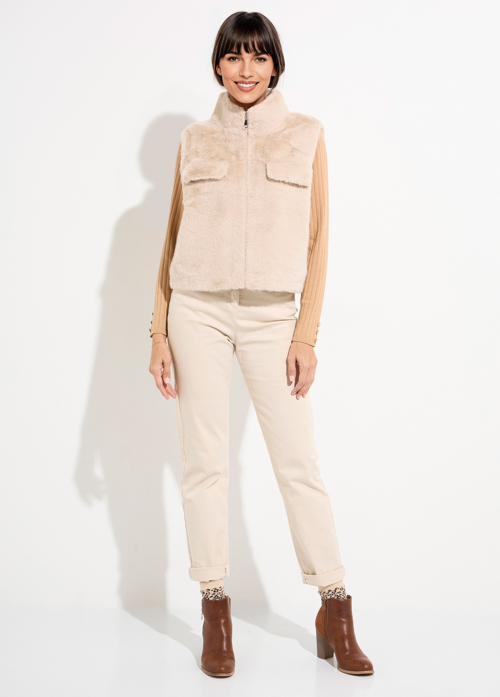 Blouson zippé sans manches en fourrure Femme Beige TD-SMVET3 SF1