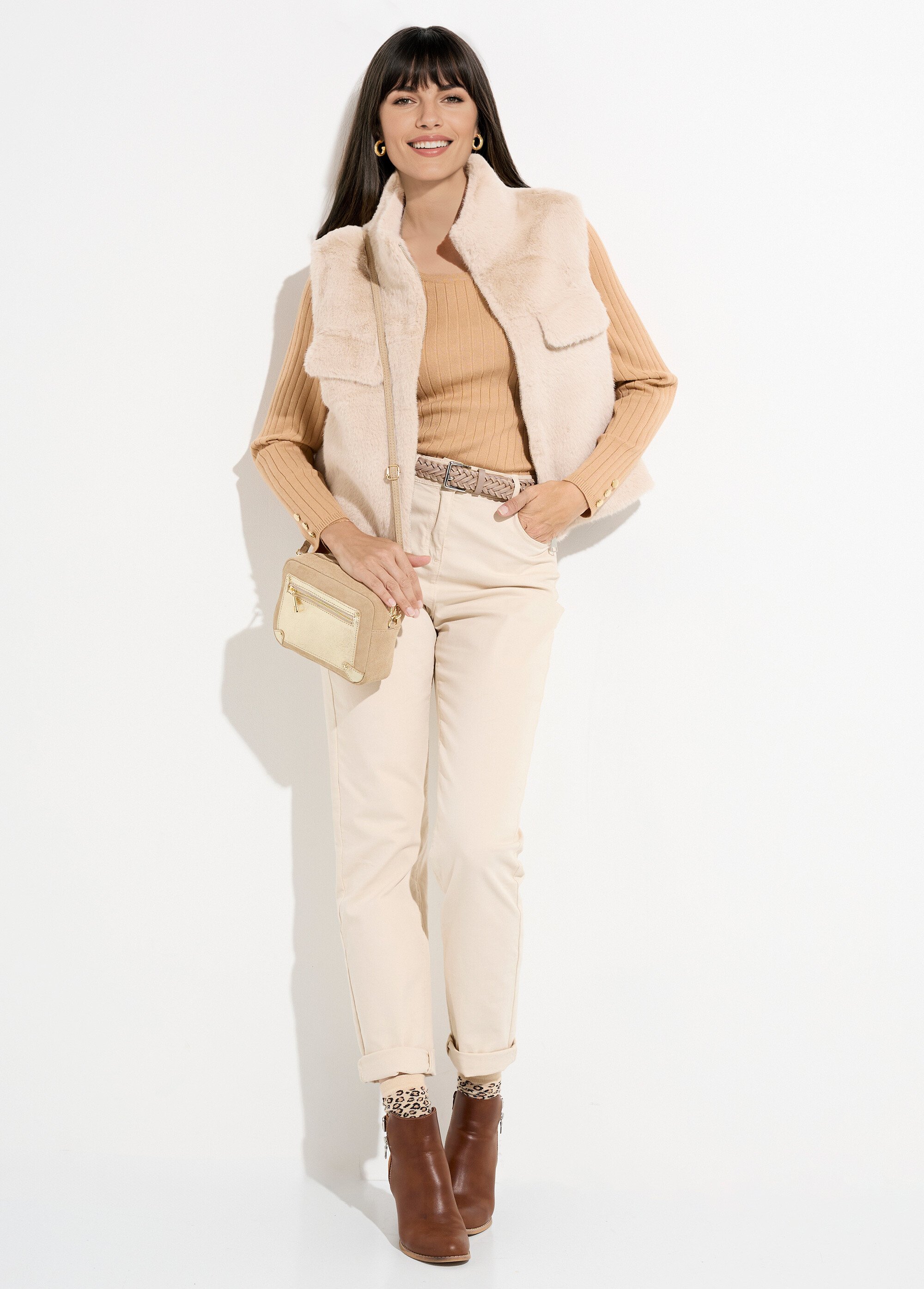 Blouson zippé sans manches en fourrure Femme Beige TD-SMVET3 SI1