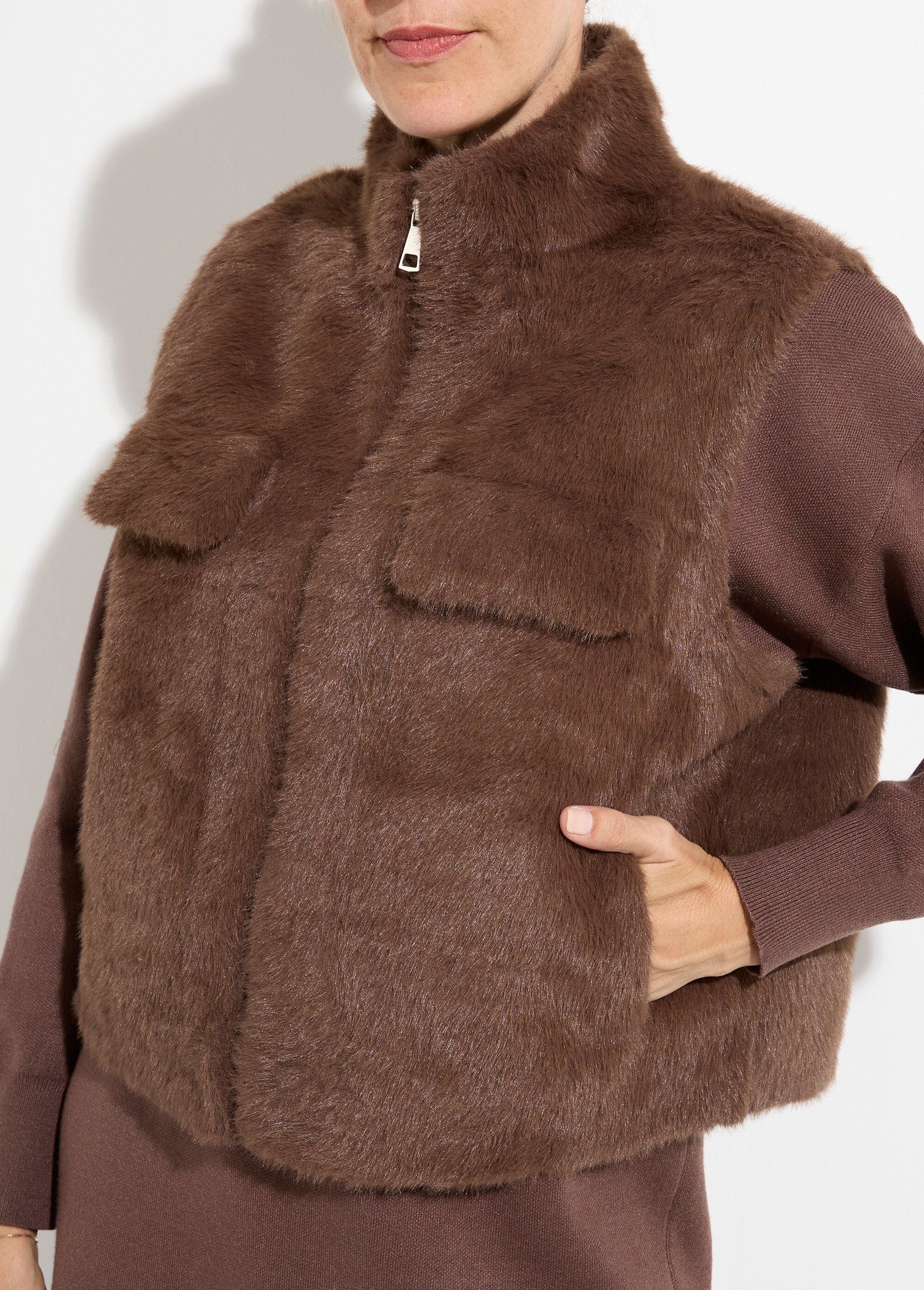 Blouson zippé sans manches en fourrure Femme Marron TD-SMVET3 DE1