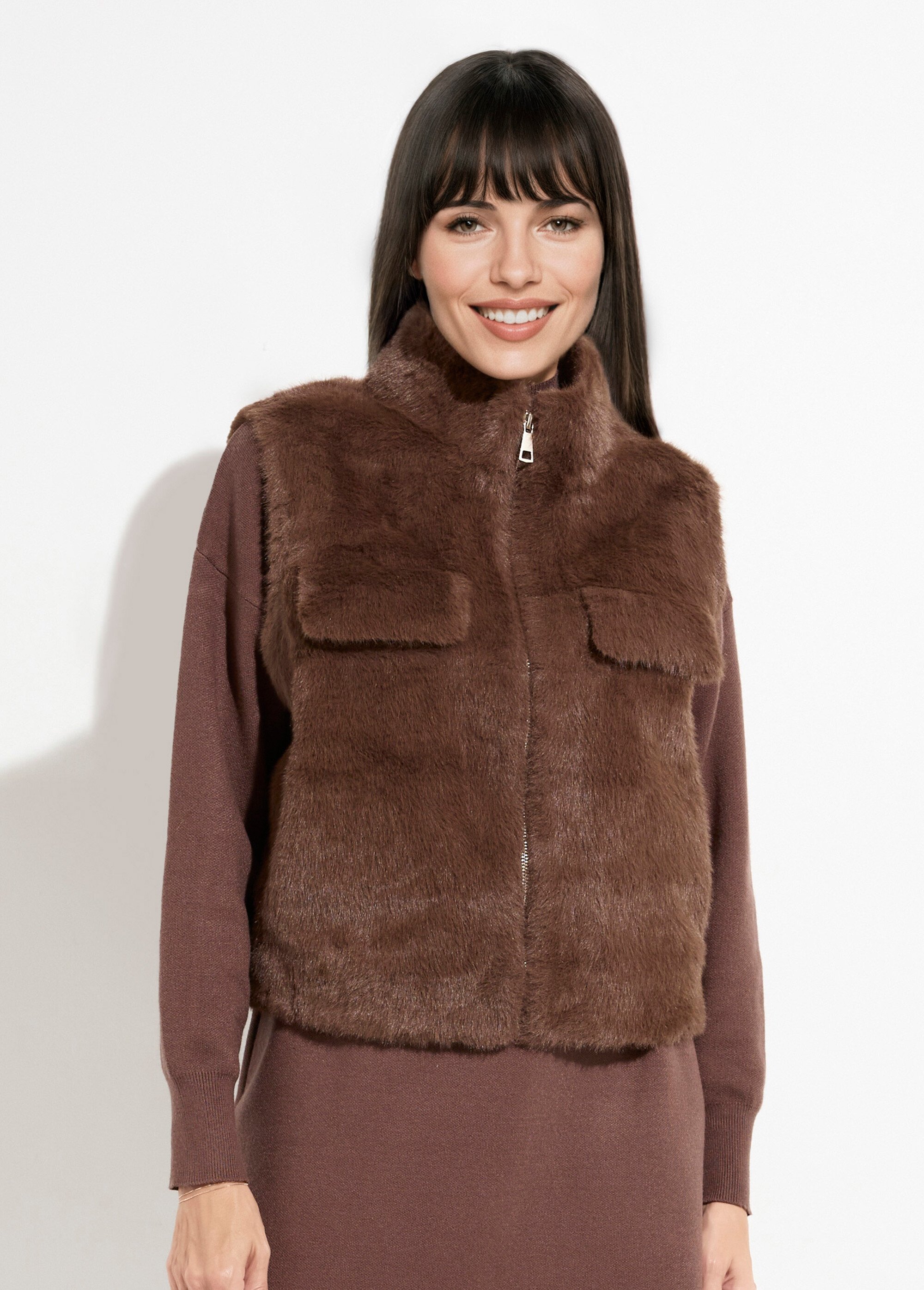 Blouson zippé sans manches en fourrure Femme Marron TD-SMVET3 FA1