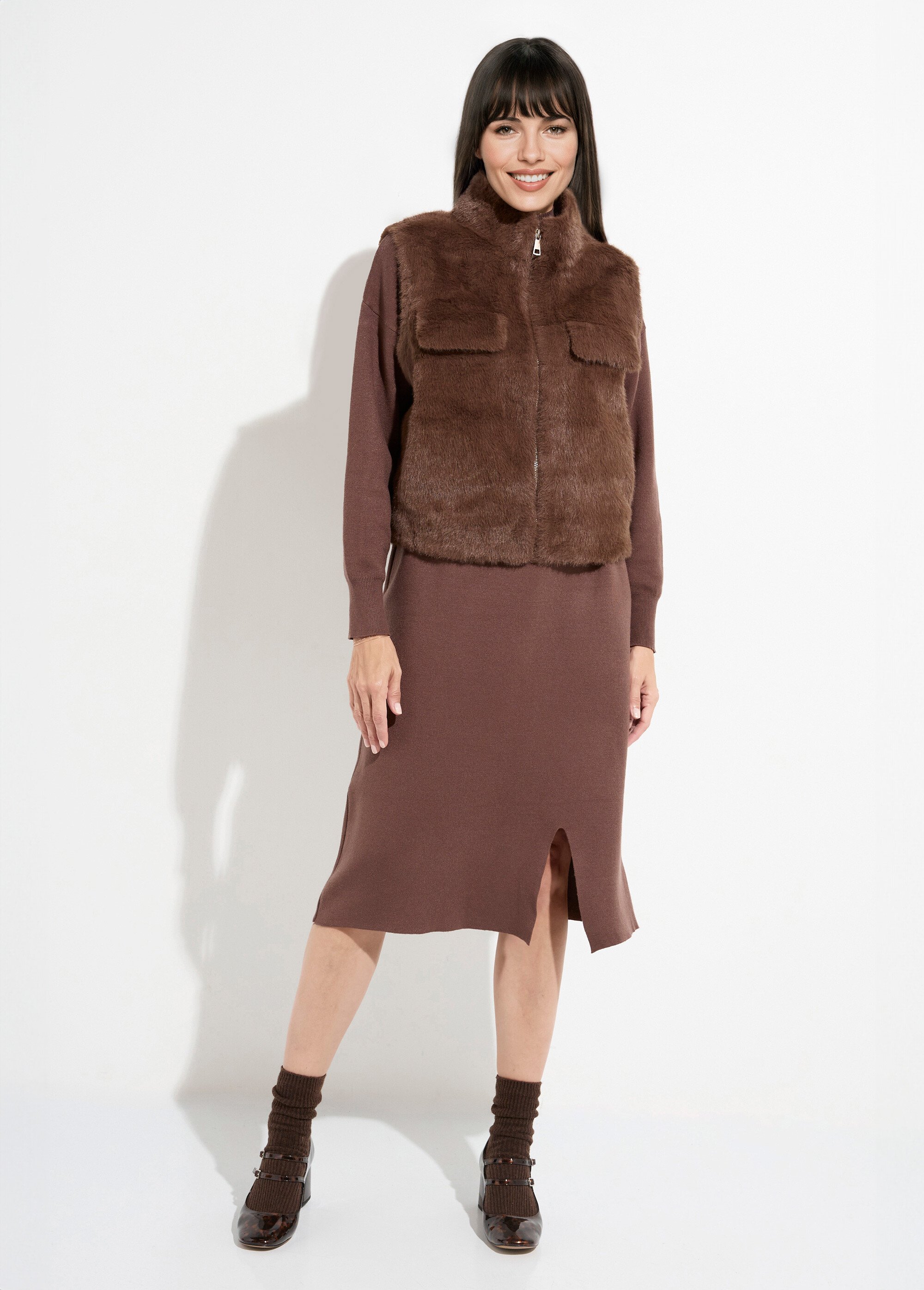Blouson zippé sans manches en fourrure Femme Marron TD-SMVET3 SF1