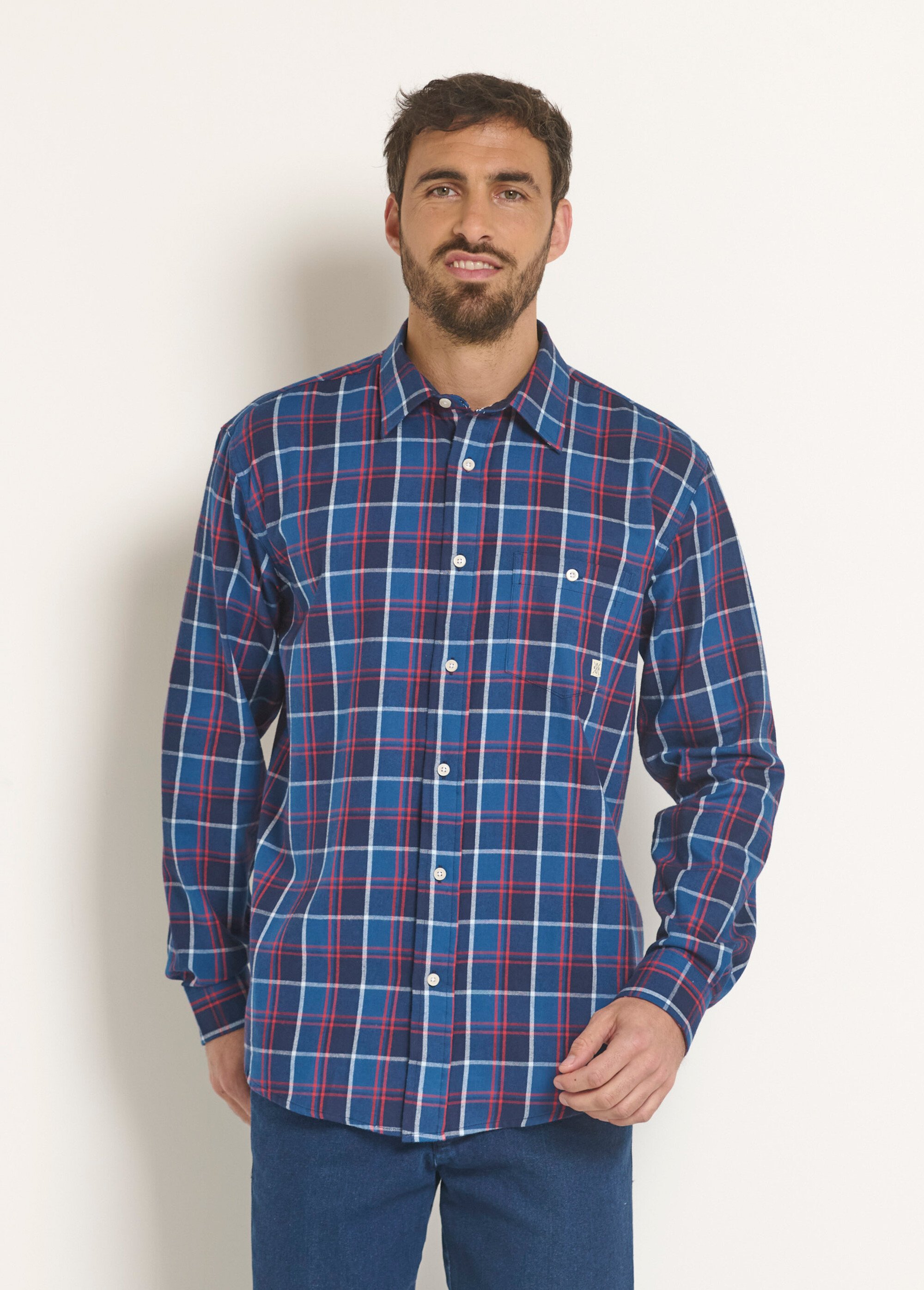 Chemise homme à carreaux aspect flanelle bleu