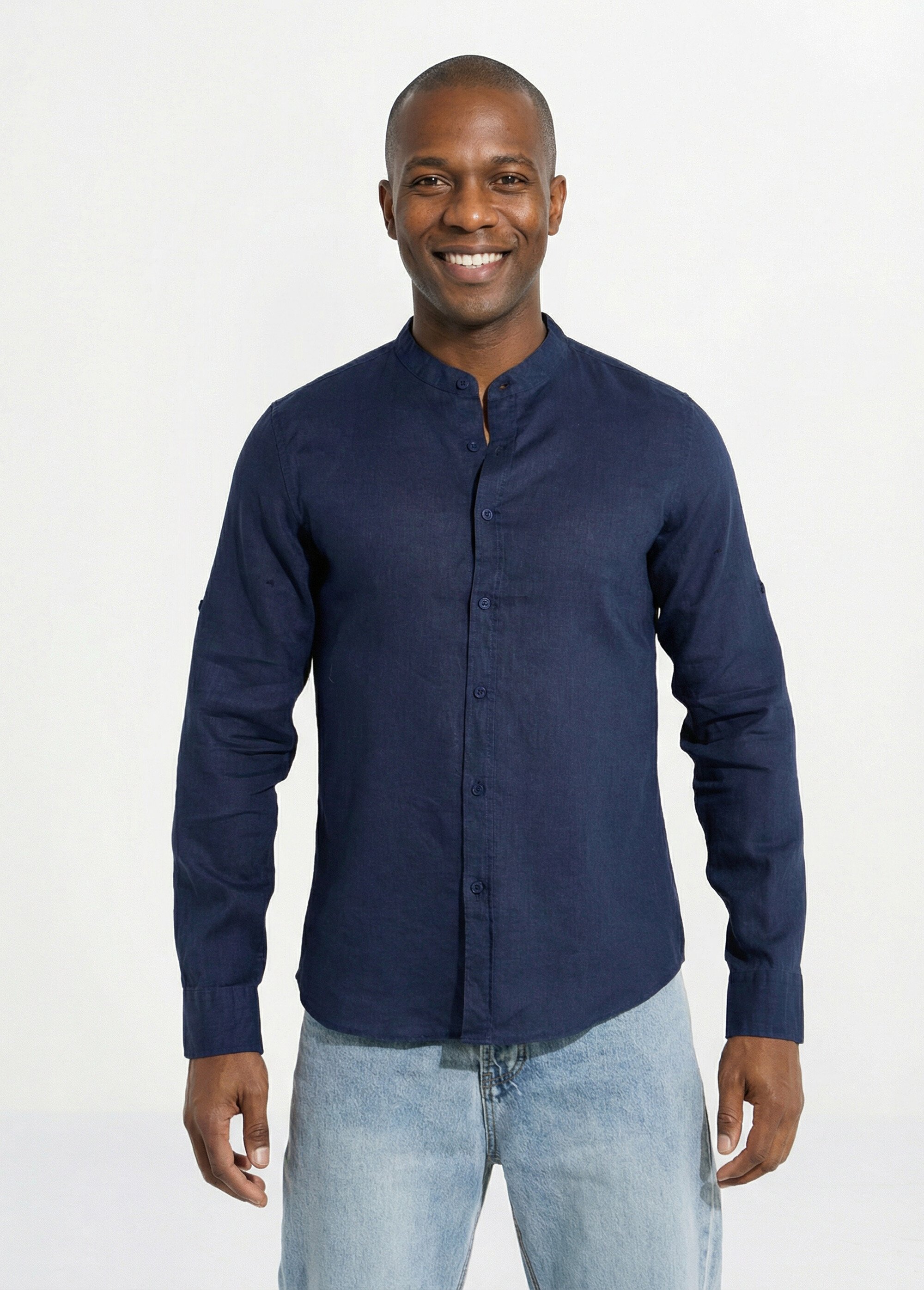 Chemise lin col mao, manches longues Homme Bleu LYS6810-2 FA1