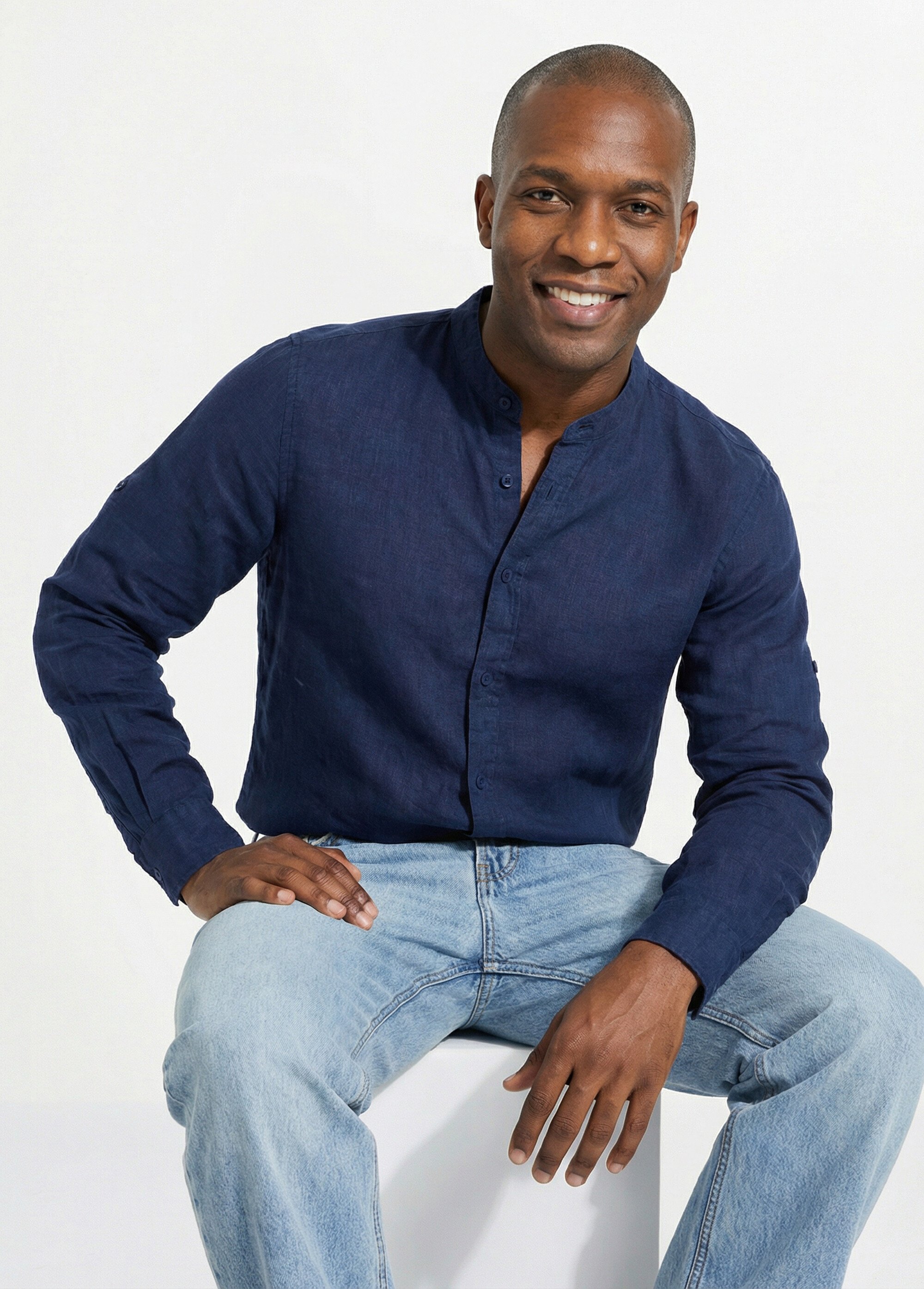 Chemise lin col mao, manches longues Homme Bleu LYS6810-2 MV1