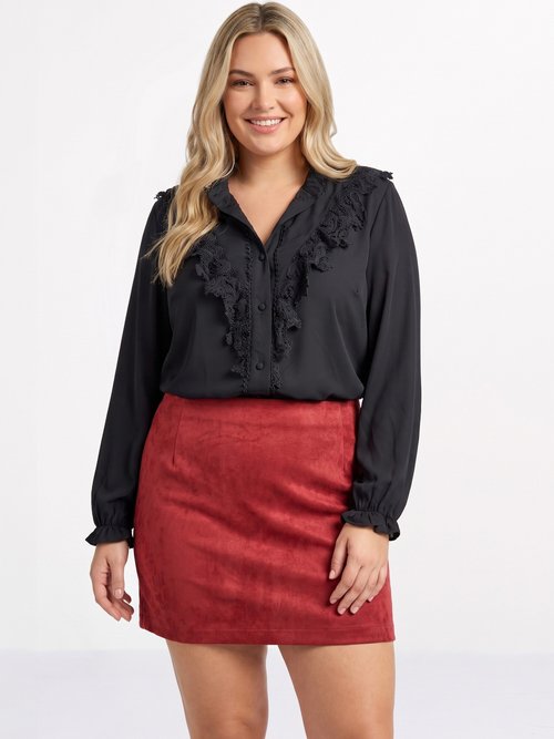 Chemisier fluide avec détails dentelle Femme Grande Taille Noir MA-M1016-1207 FA1