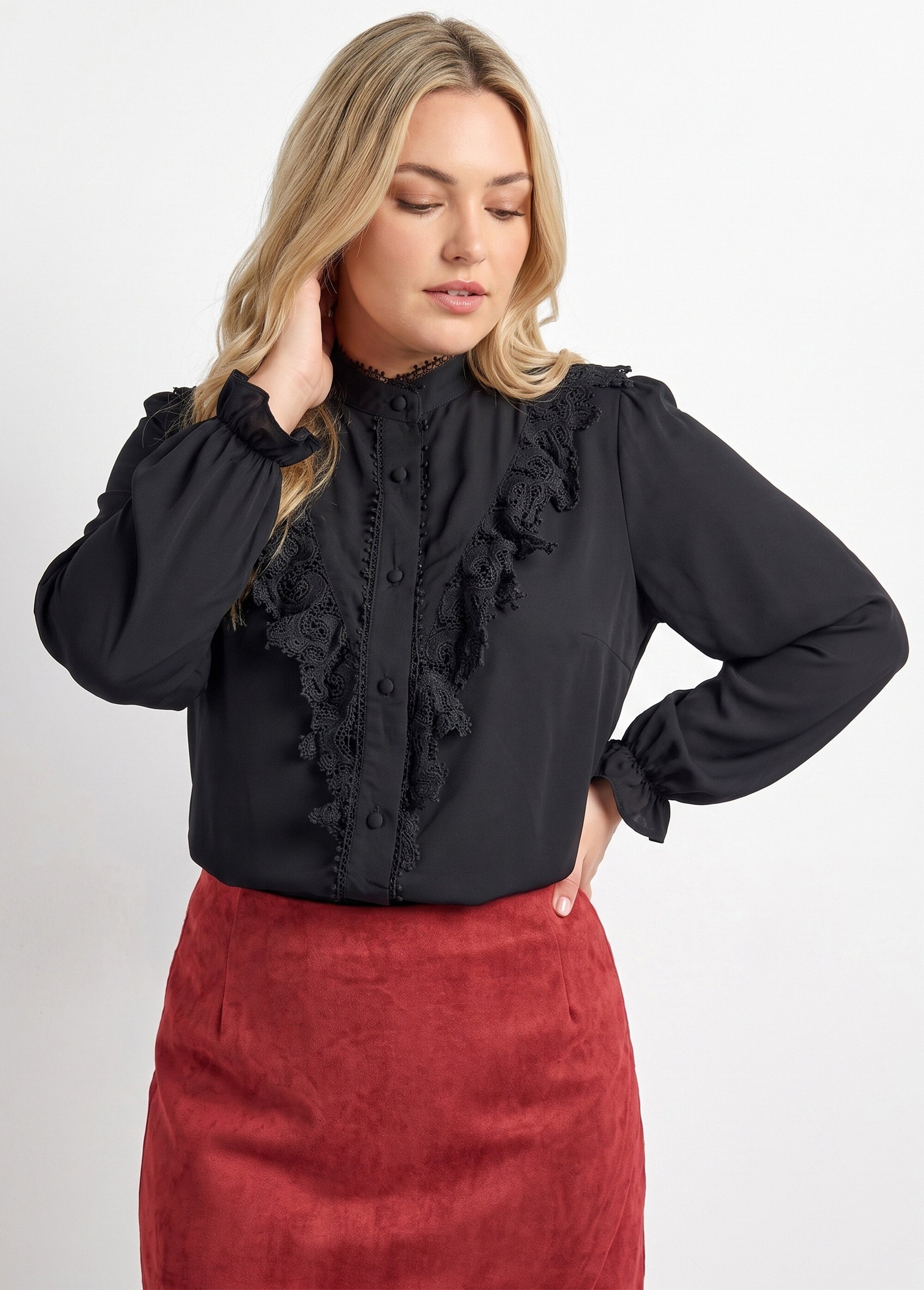 Chemisier fluide avec détails dentelle Femme Grande Taille Noir MA-M1016-1207 MV1