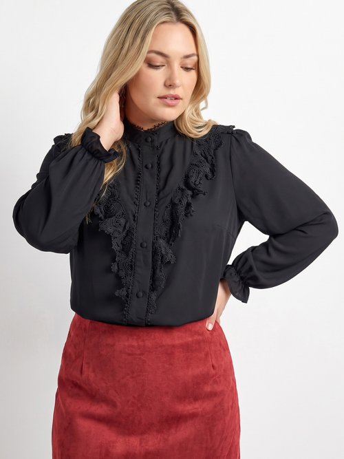 Chemisier fluide avec détails dentelle Femme Grande Taille Noir MA-M1016-1207 MV1