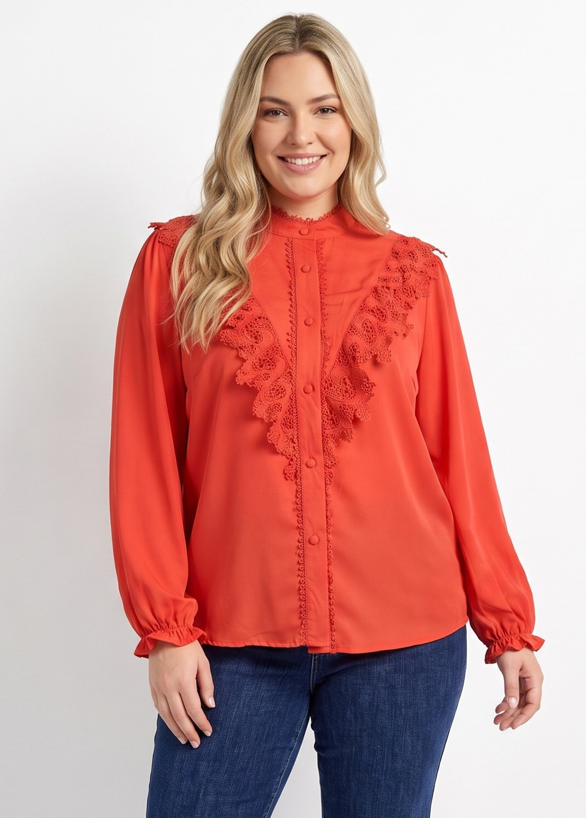 Chemisier fluide avec détails dentelle Femme Grande Taille Rose MA-M1016-1207 FA1