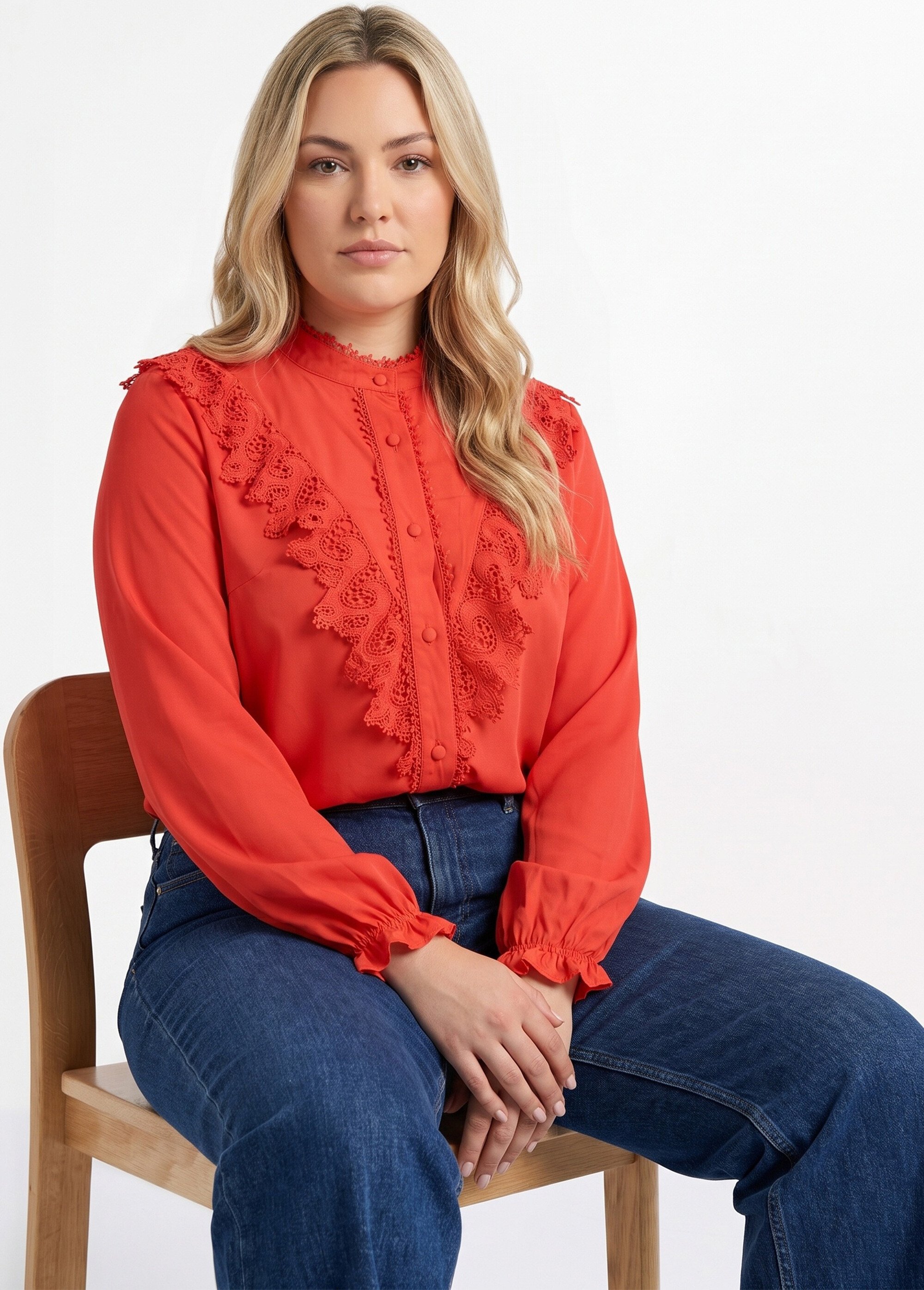 Chemisier fluide avec détails dentelle Femme Grande Taille Rose MA-M1016-1207 MV1