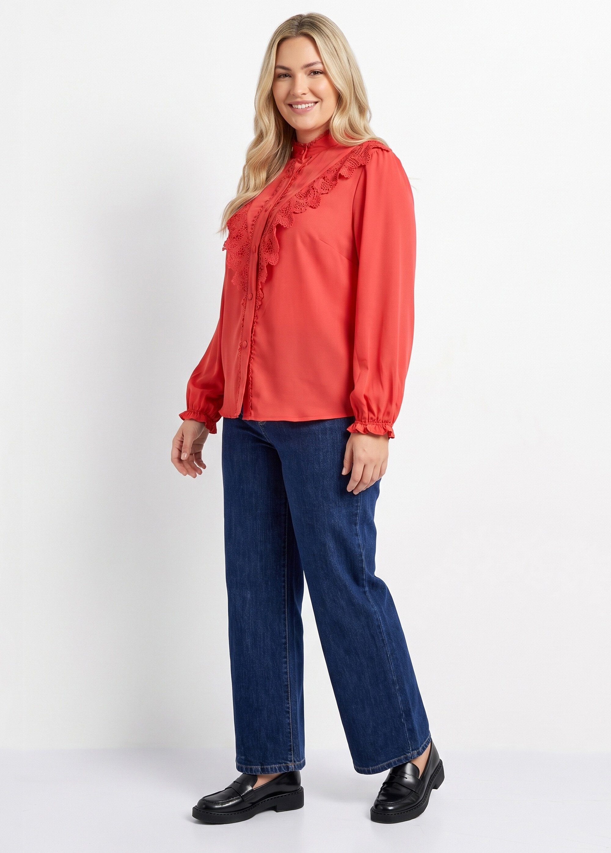 Chemisier fluide avec détails dentelle Femme Grande Taille Rose MA-M1016-1207 SI1