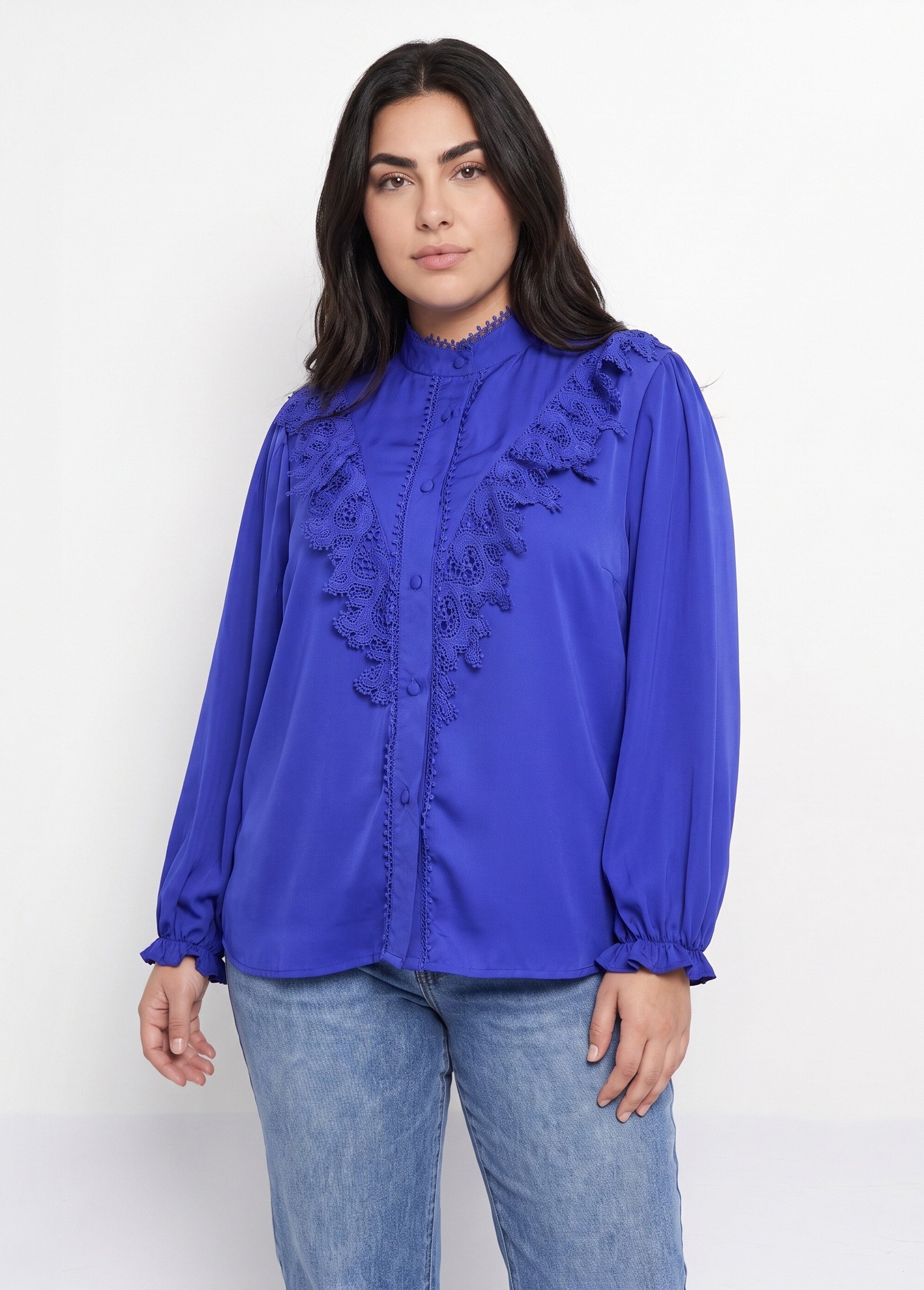 Chemisier fluide avec détails dentelle Femme Grande Taille Bleu MA-M1016-1207 FA1