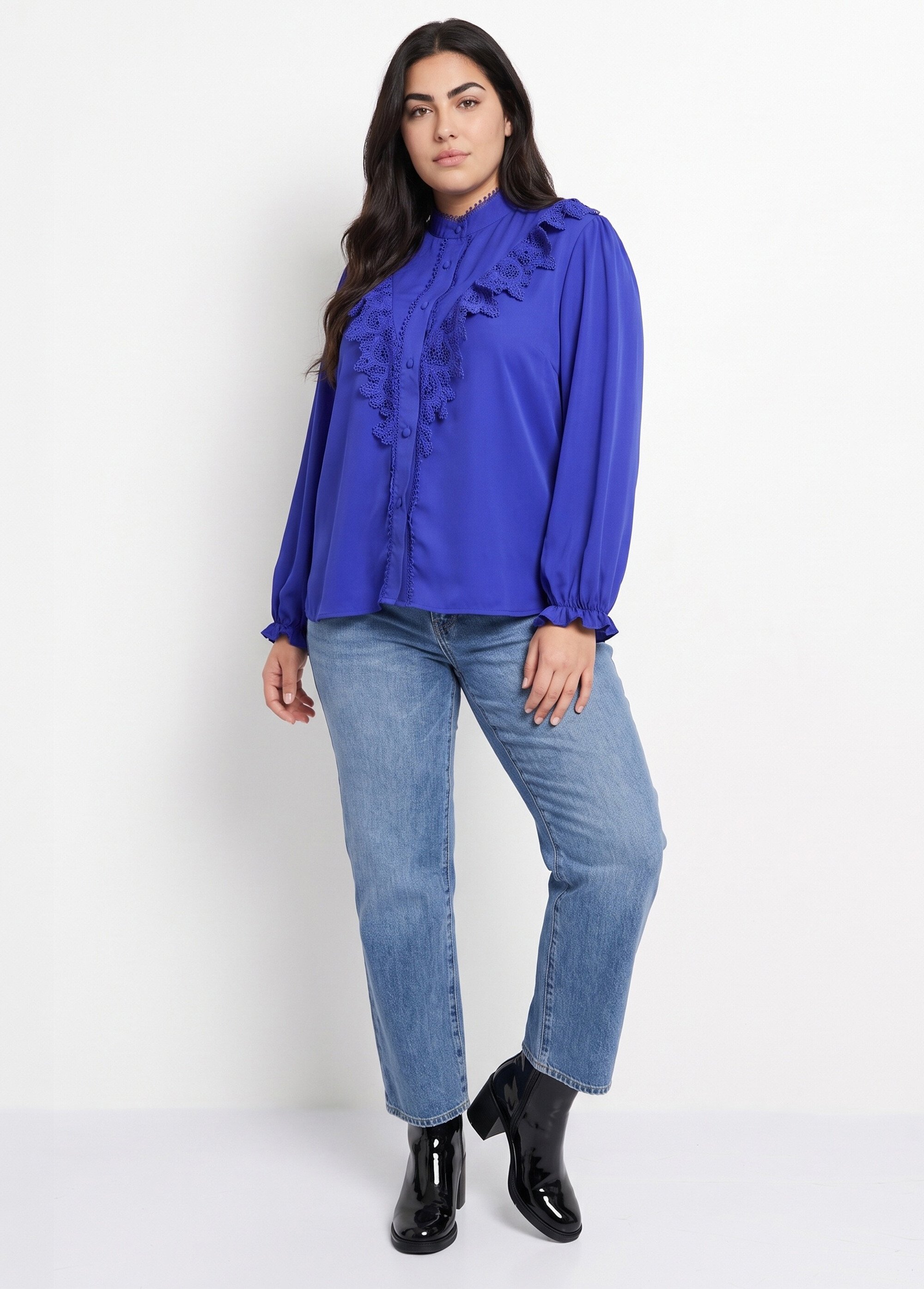 Chemisier fluide avec détails dentelle Femme Grande Taille Bleu MA-M1016-1207 SI1
