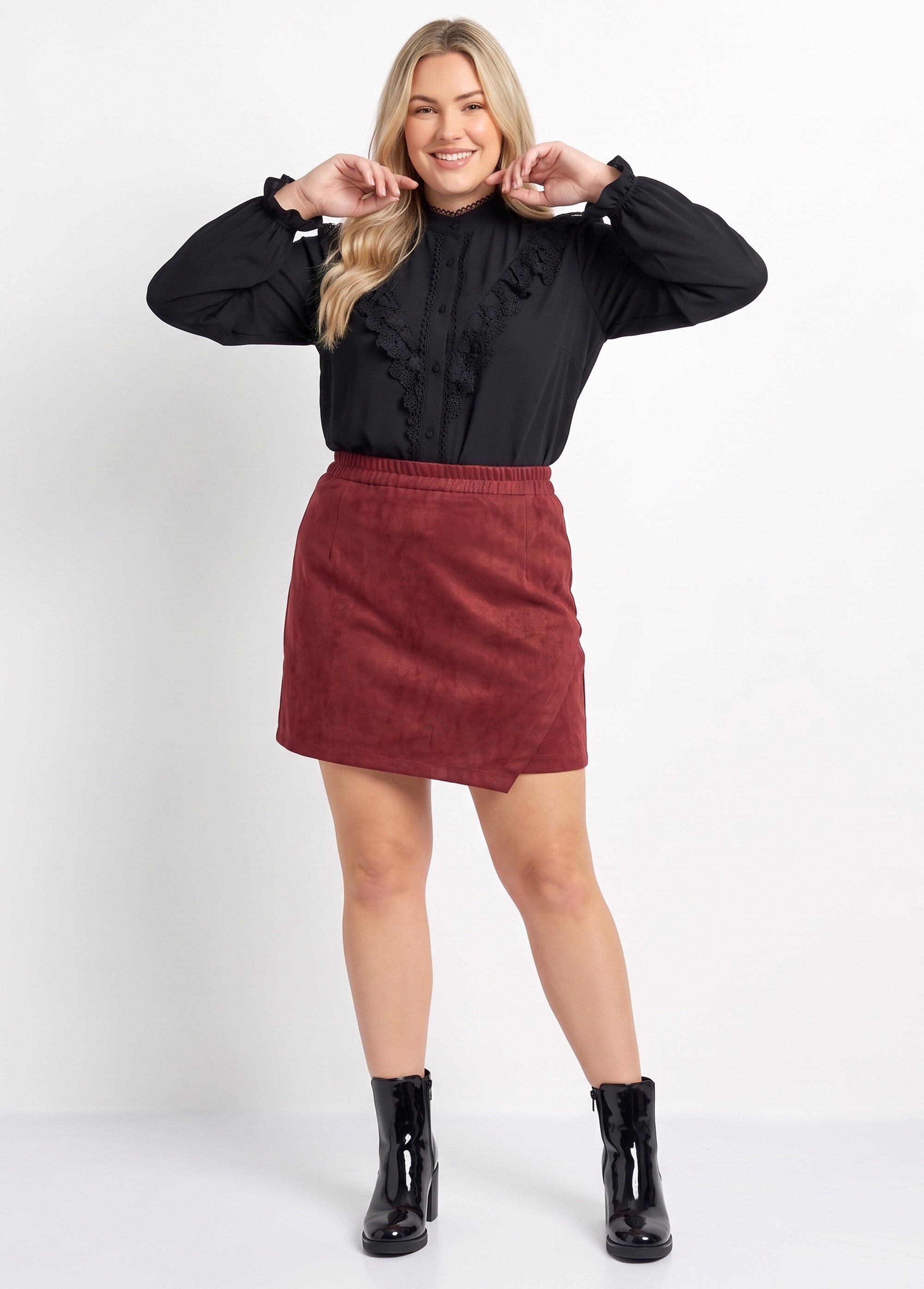 Jupe short en suédine, taille élastiquée Femme Grande Taille Rouge M1592-2617 SI1