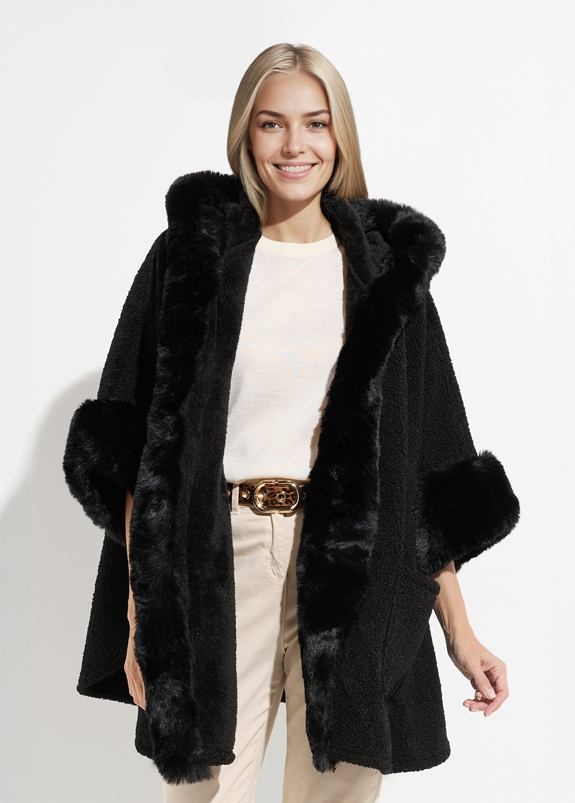 Manteau cape aspect laineux avec fourrure Femme Noir TD-MANPCH901 FA1