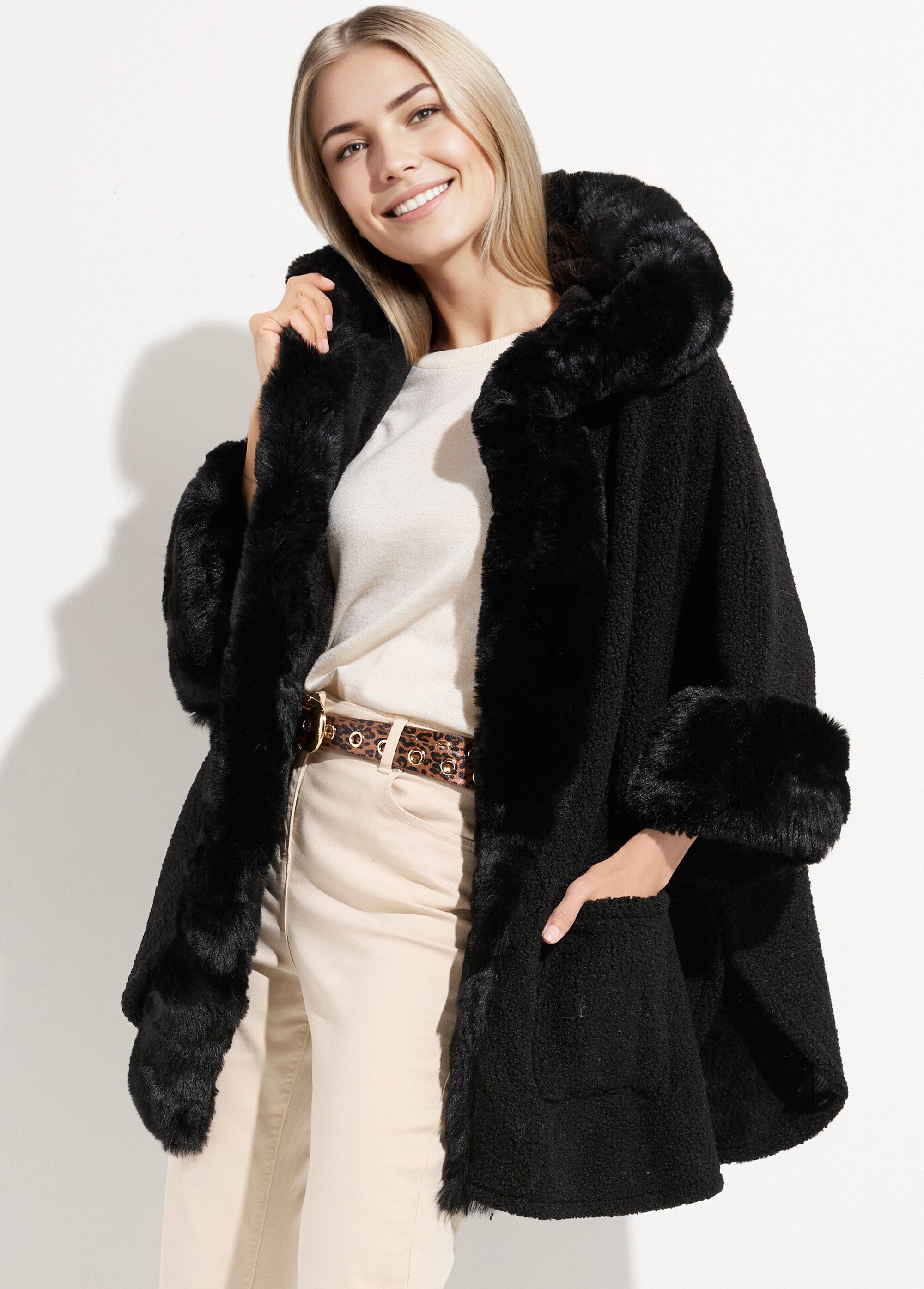 Manteau cape aspect laineux avec fourrure Femme Noir TD-MANPCH901 MV1