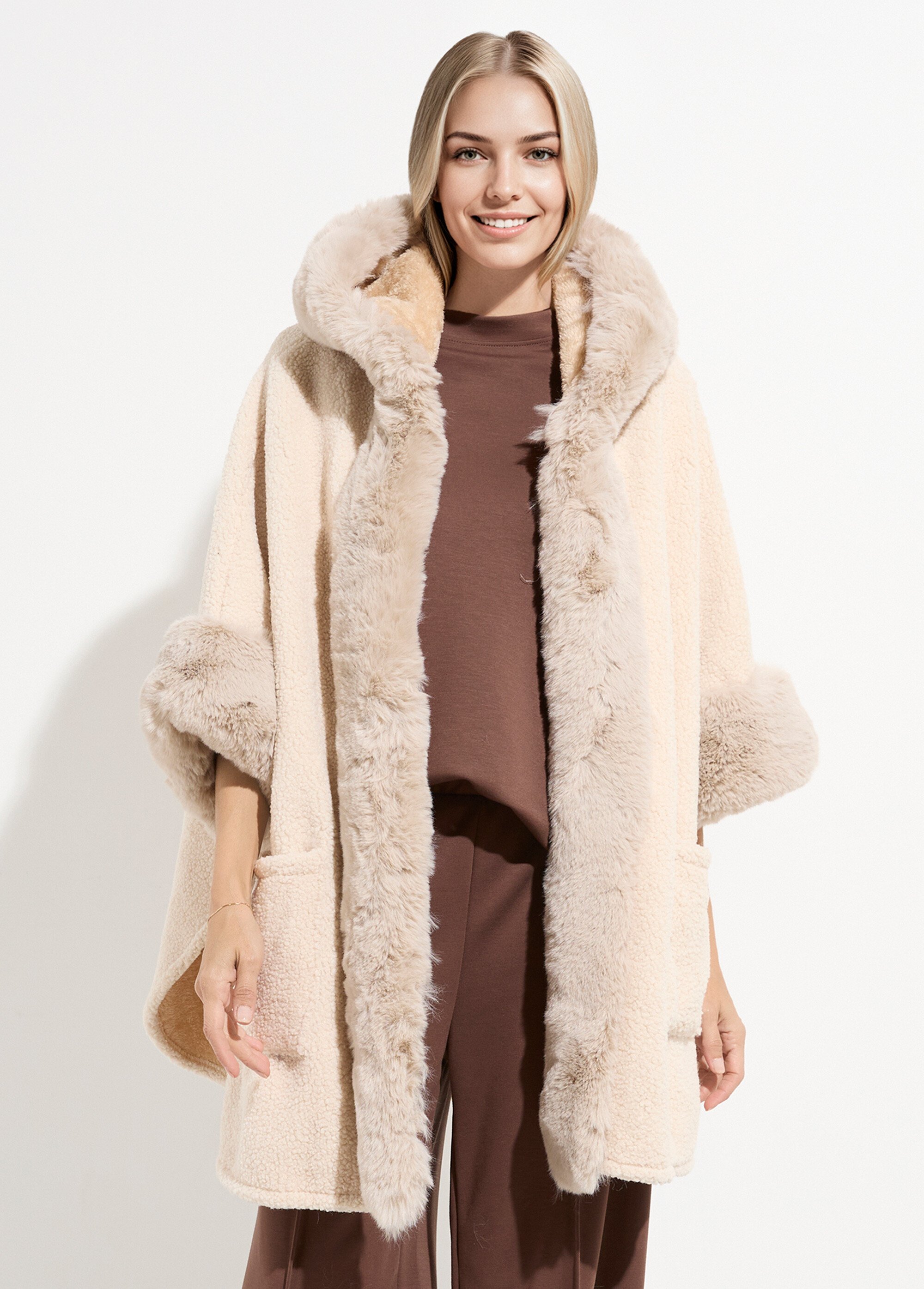 Manteau cape aspect laineux avec fourrure Femme Beige TD-MANPCH901 FA1