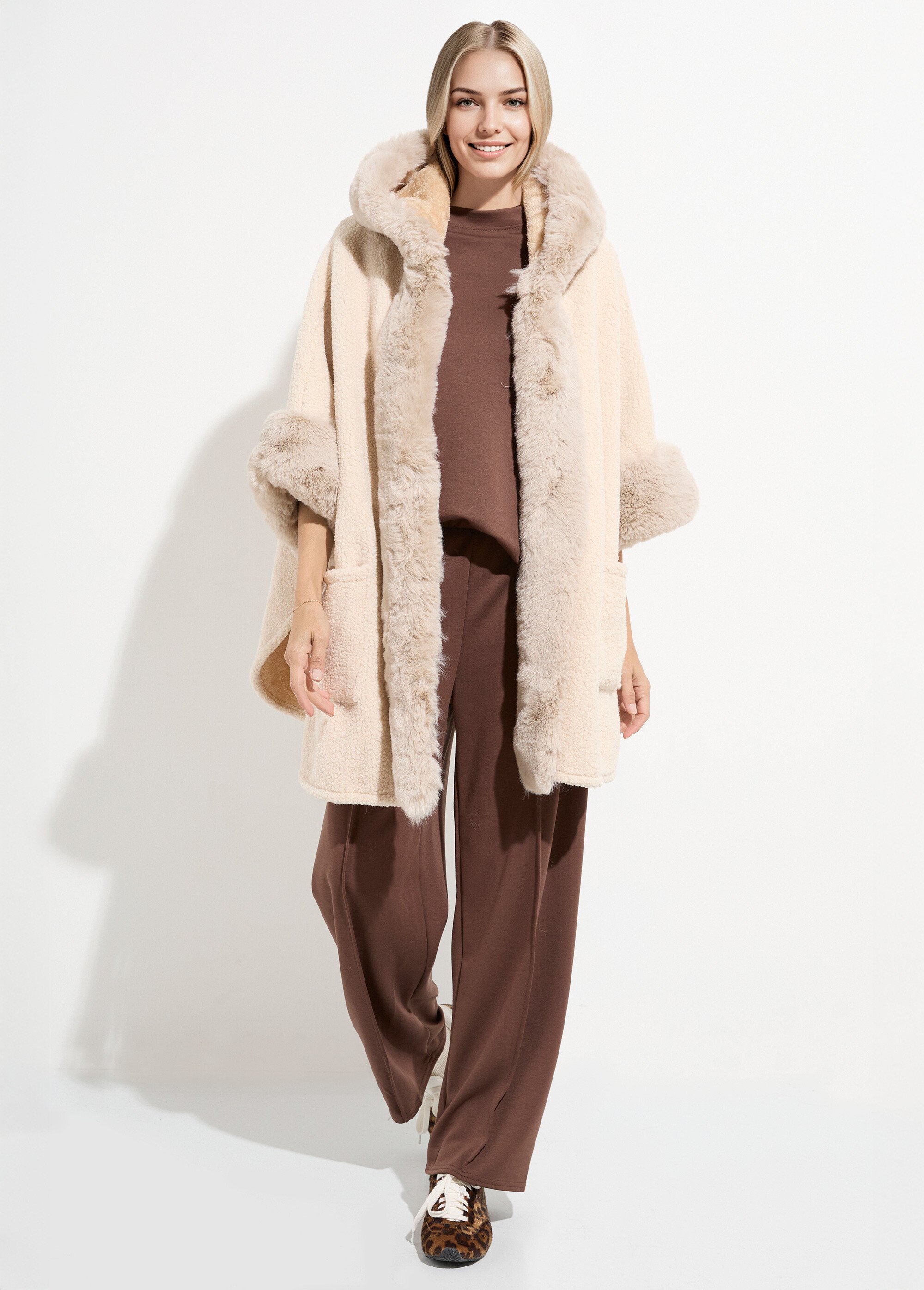 Manteau cape aspect laineux avec fourrure Femme Beige TD-MANPCH901 SF1