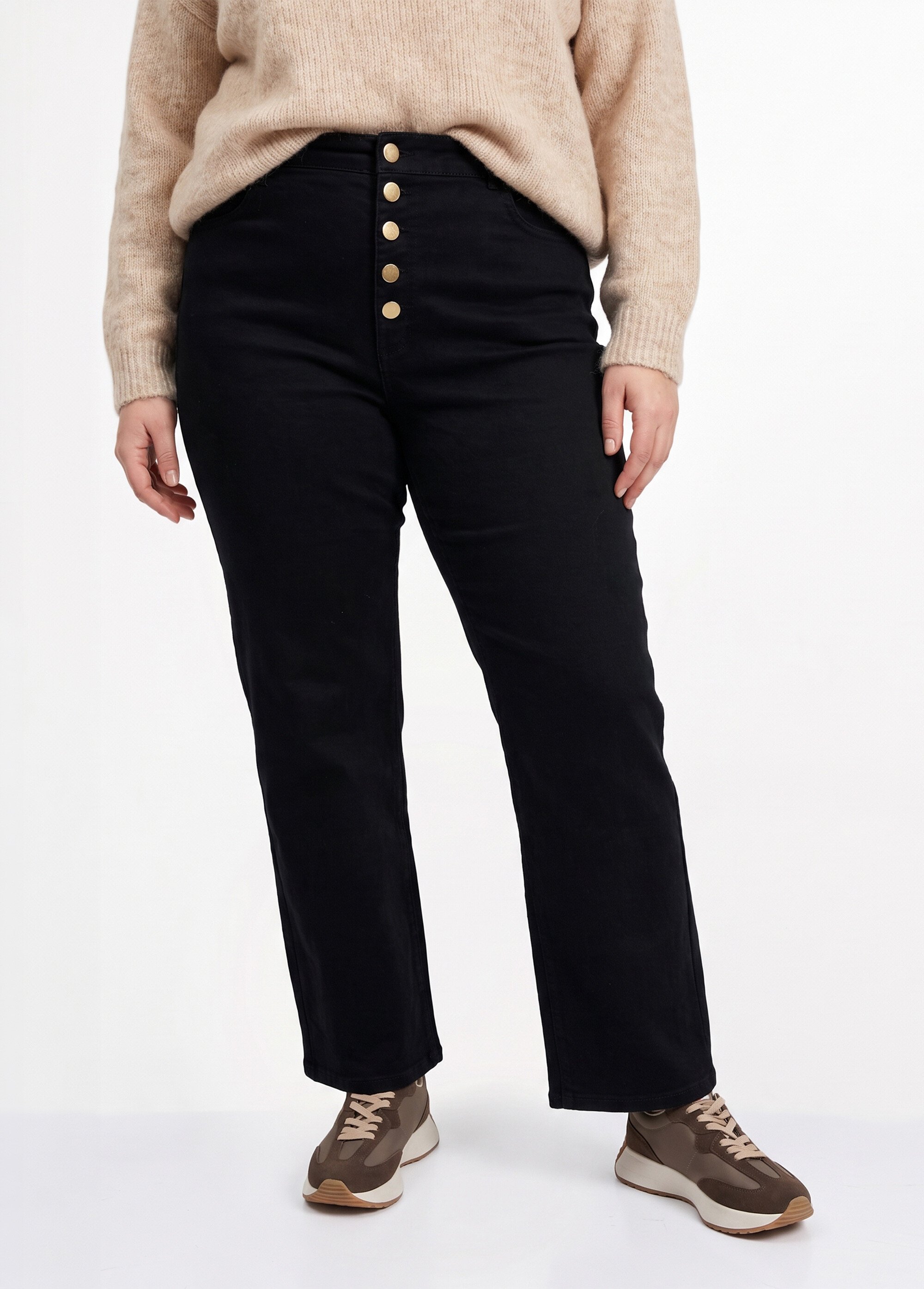 Pantalon en toile denim, boutons métal Femme Grande Taille Noir MA-M1277-2611 FA1