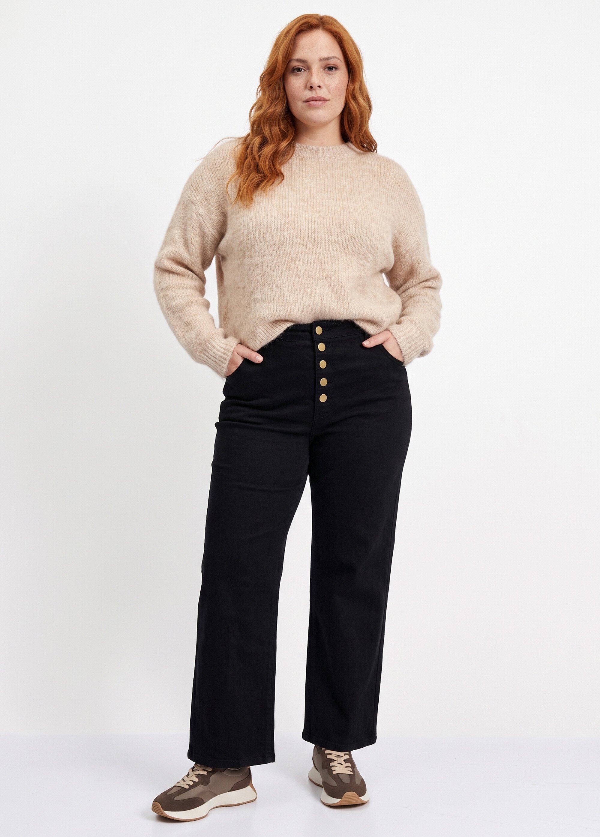 Pantalon en toile denim, boutons métal Femme Grande Taille Noir MA-M1277-2611 MV1