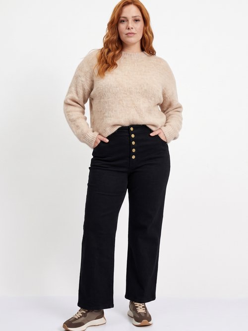 Pantalon en toile denim, boutons métal Femme Grande Taille Noir MA-M1277-2611 MV1