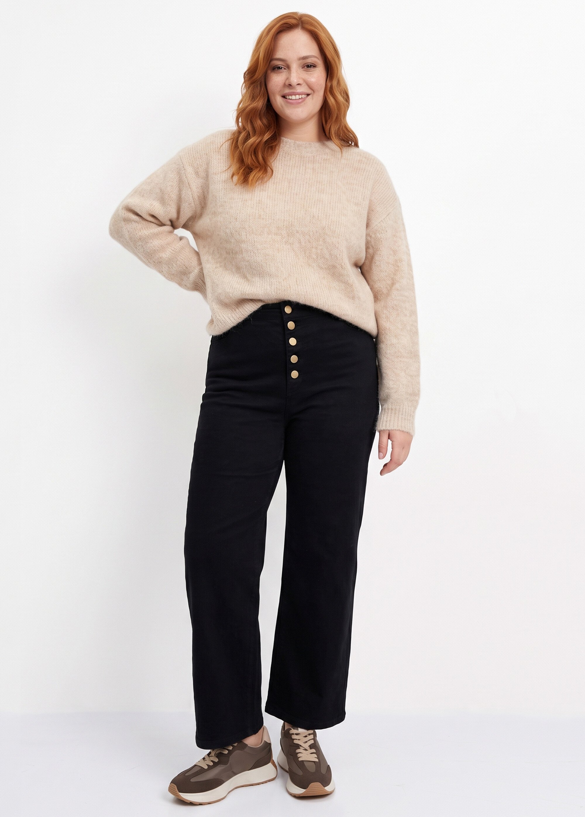 Pantalon en toile denim, boutons métal Femme Grande Taille Noir MA-M1277-2611 SI1