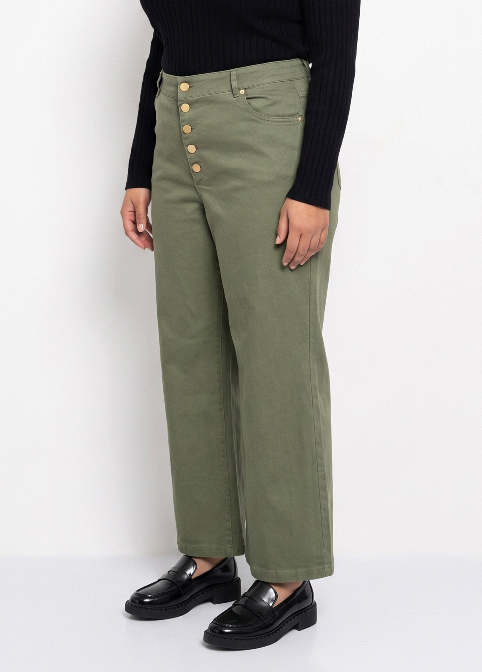Pantalon en toile denim, boutons métal Femme Grande Taille Vert MA-M1277-2611 DR1